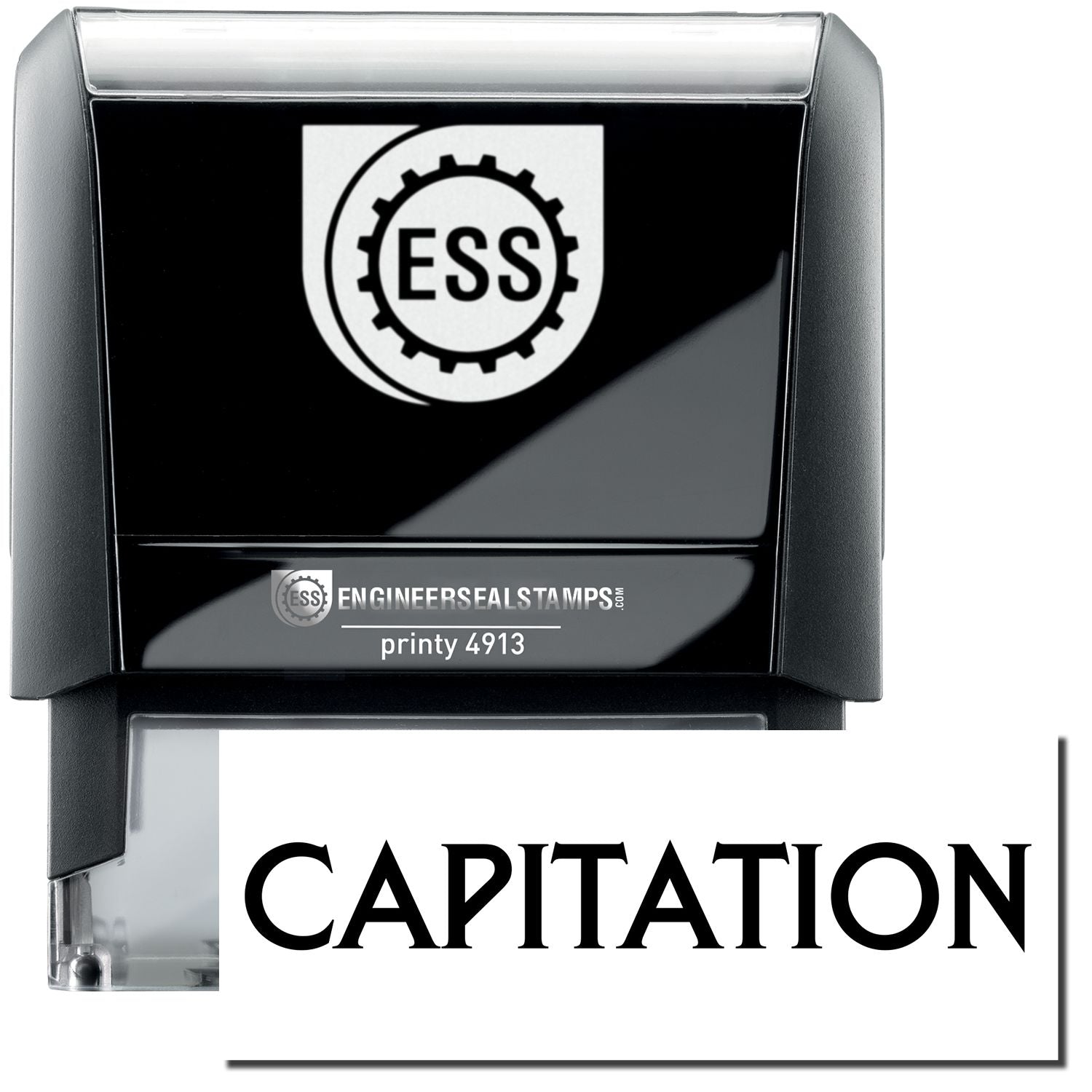 A self-inking stamp with a stamped image showing how the text CAPITATION in a large bold font is displayed by it.