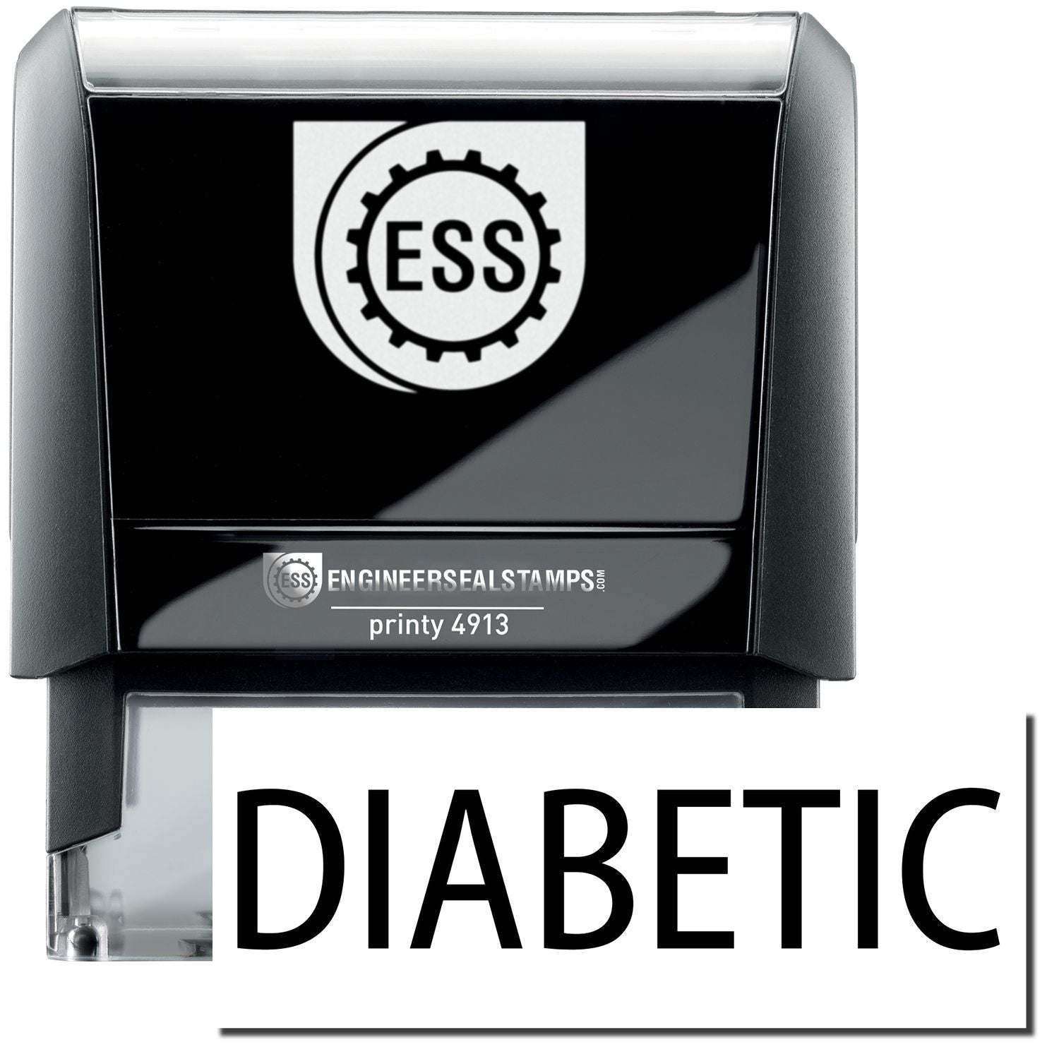 A self-inking stamp with a stamped image showing how the text DIABETIC in a large bold font is displayed by it.