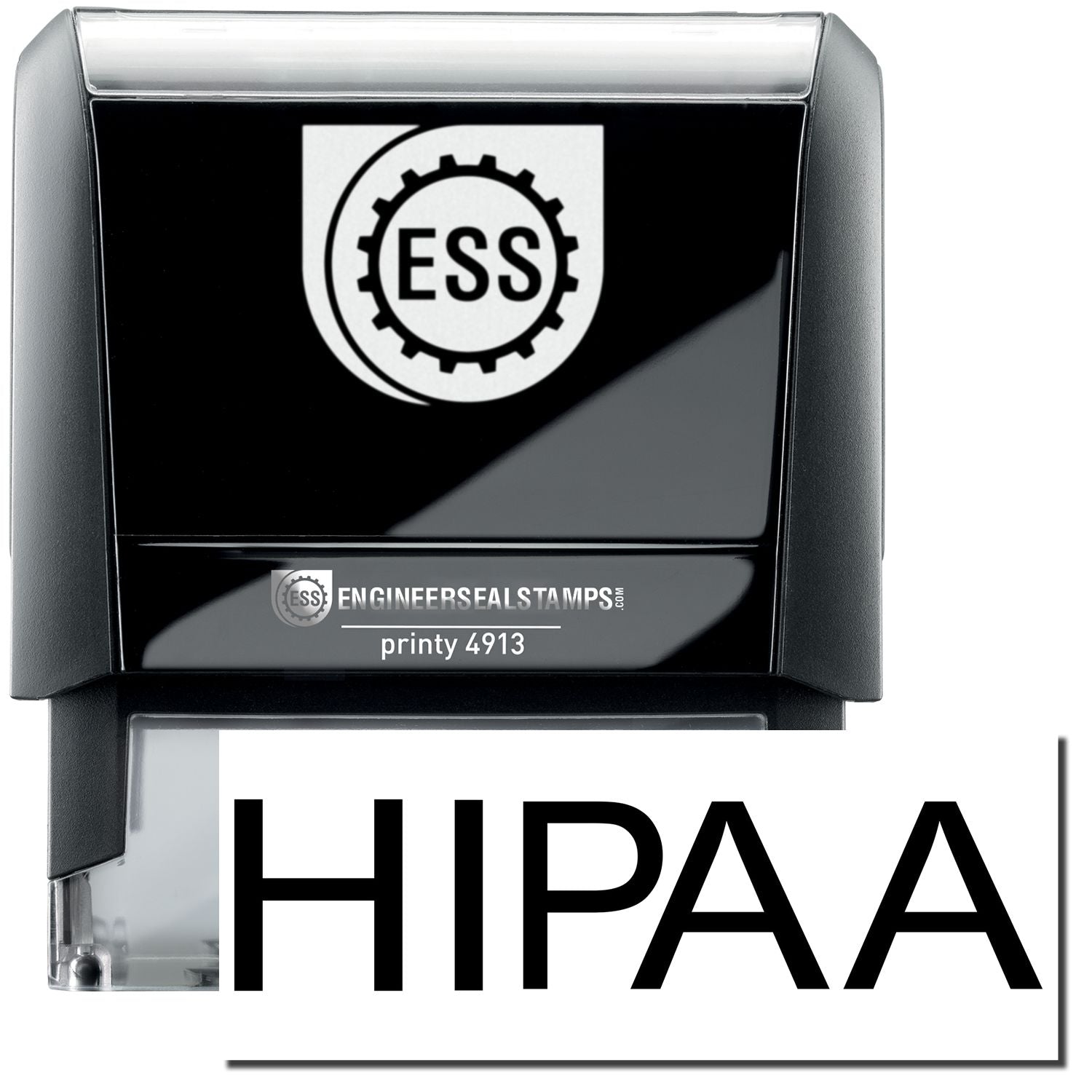 A self-inking stamp with a stamped image showing how the text HIPAA in a large bold font is displayed by it.