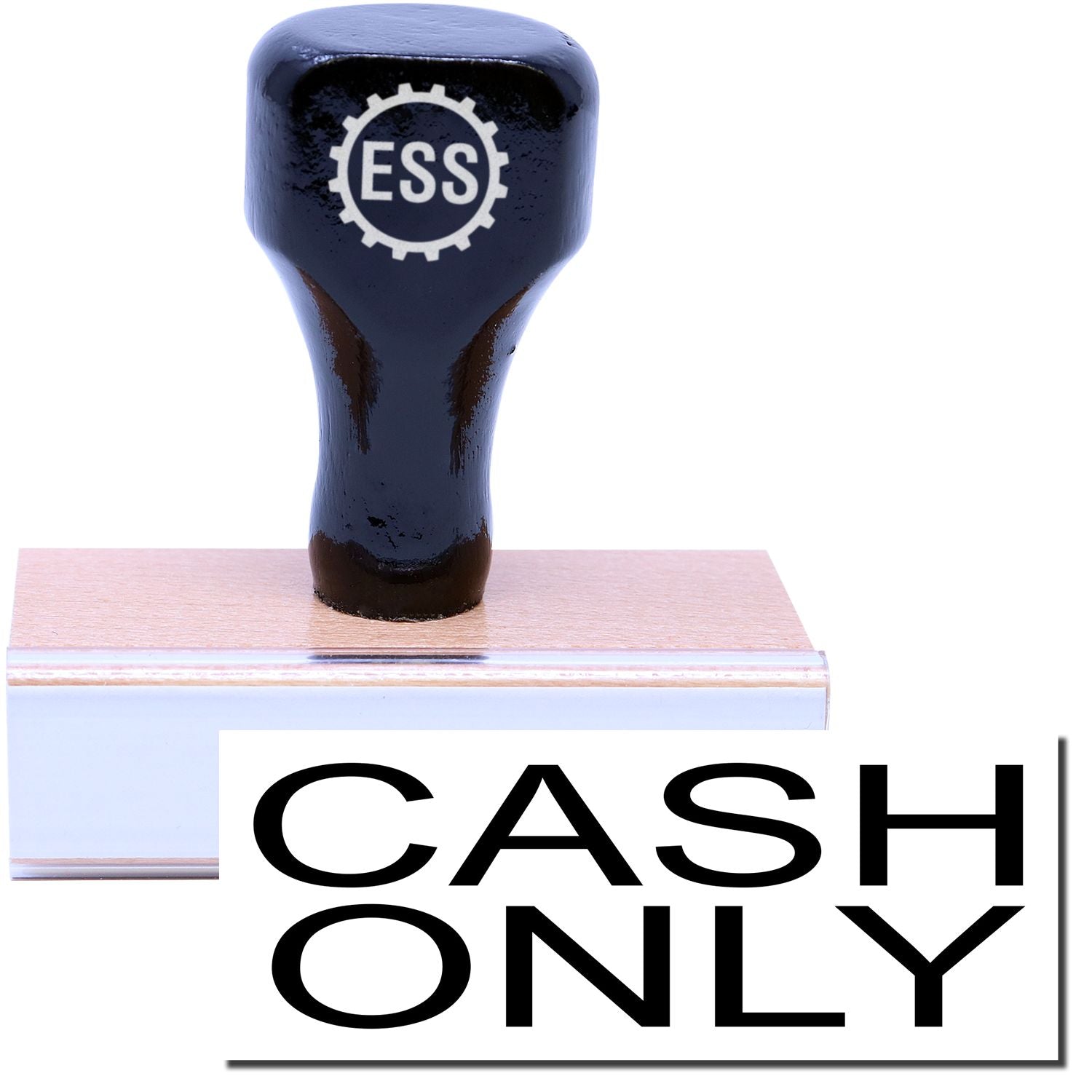 A stock office rubber stamp with a stamped image showing how the text CASH ONLY in a large font is displayed after stamping.