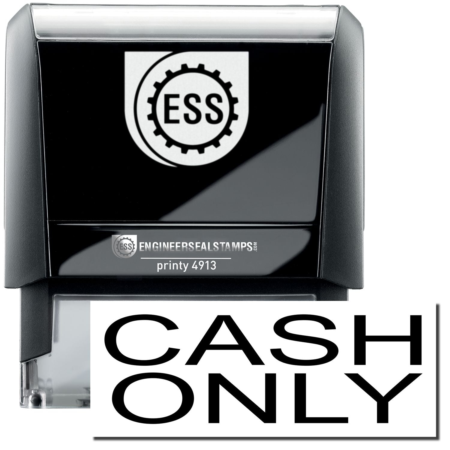 A self-inking stamp with a stamped image showing how the text CASH ONLY in a large bold font is displayed by it.