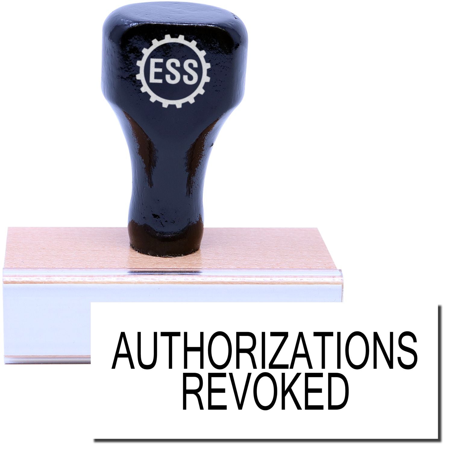 A stock office rubber stamp with a stamped image showing how the text AUTHORIZATIONS REVOKED in a large font is displayed after stamping.