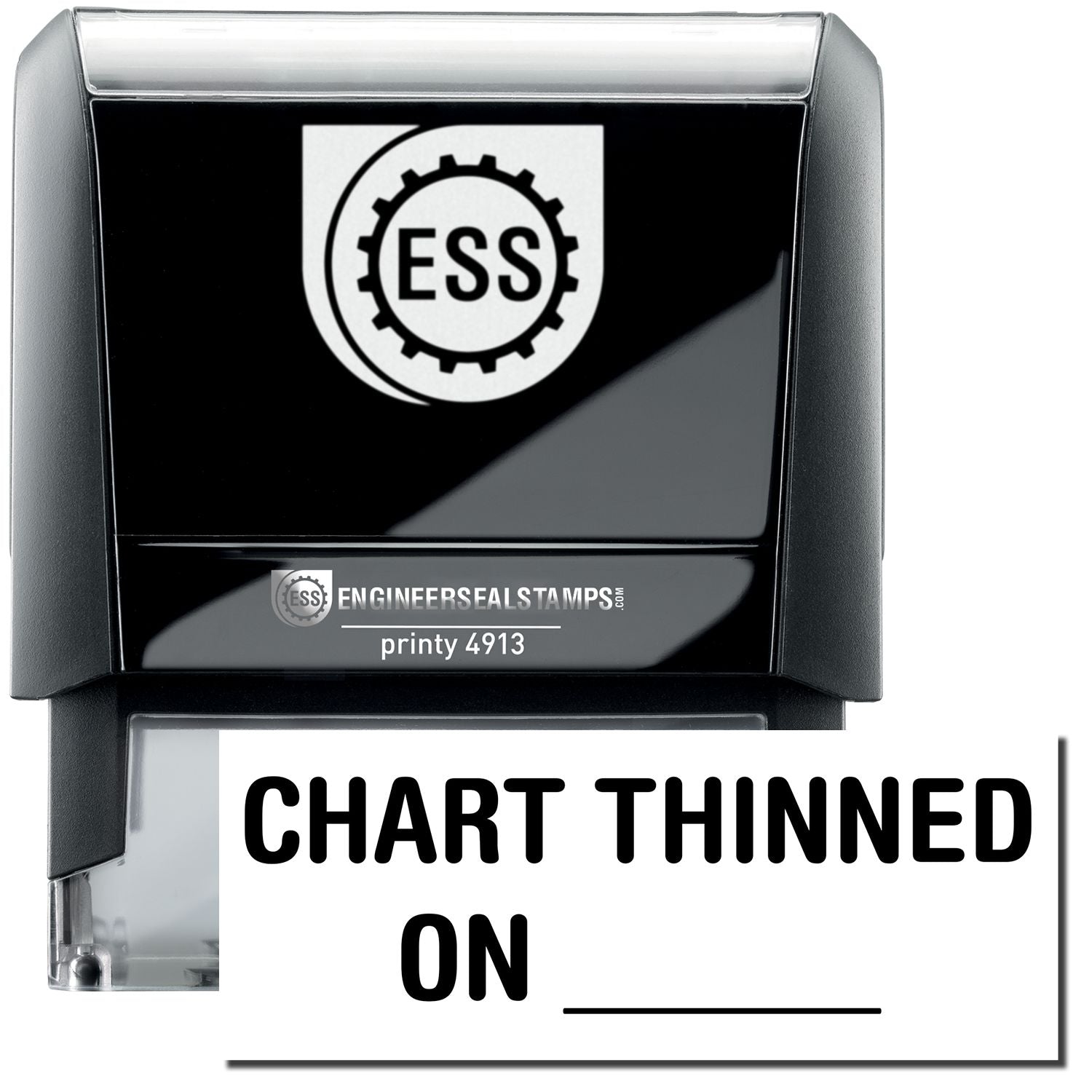 A self-inking stamp with a stamped image showing how the text CHART THINNED ON (in a large bold font) with a line is displayed by it.