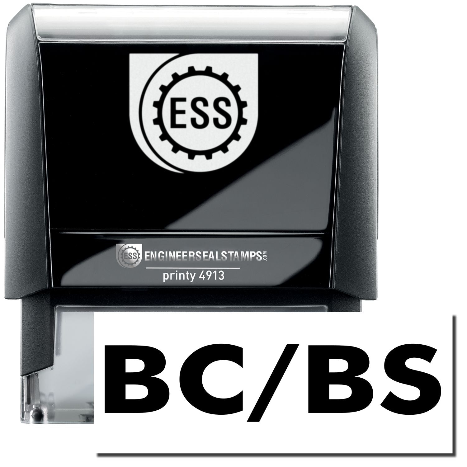 A self-inking stamp with a stamped image showing how the text BC/BS in a large bold font is displayed by it.