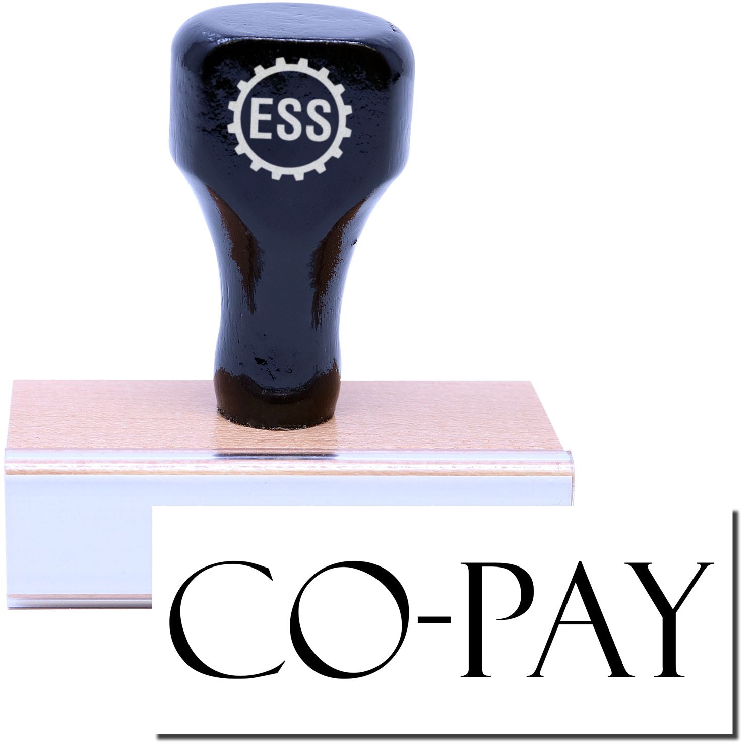 A stock office rubber stamp with a stamped image showing how the text "CO-PAY" in a large font is displayed after stamping.