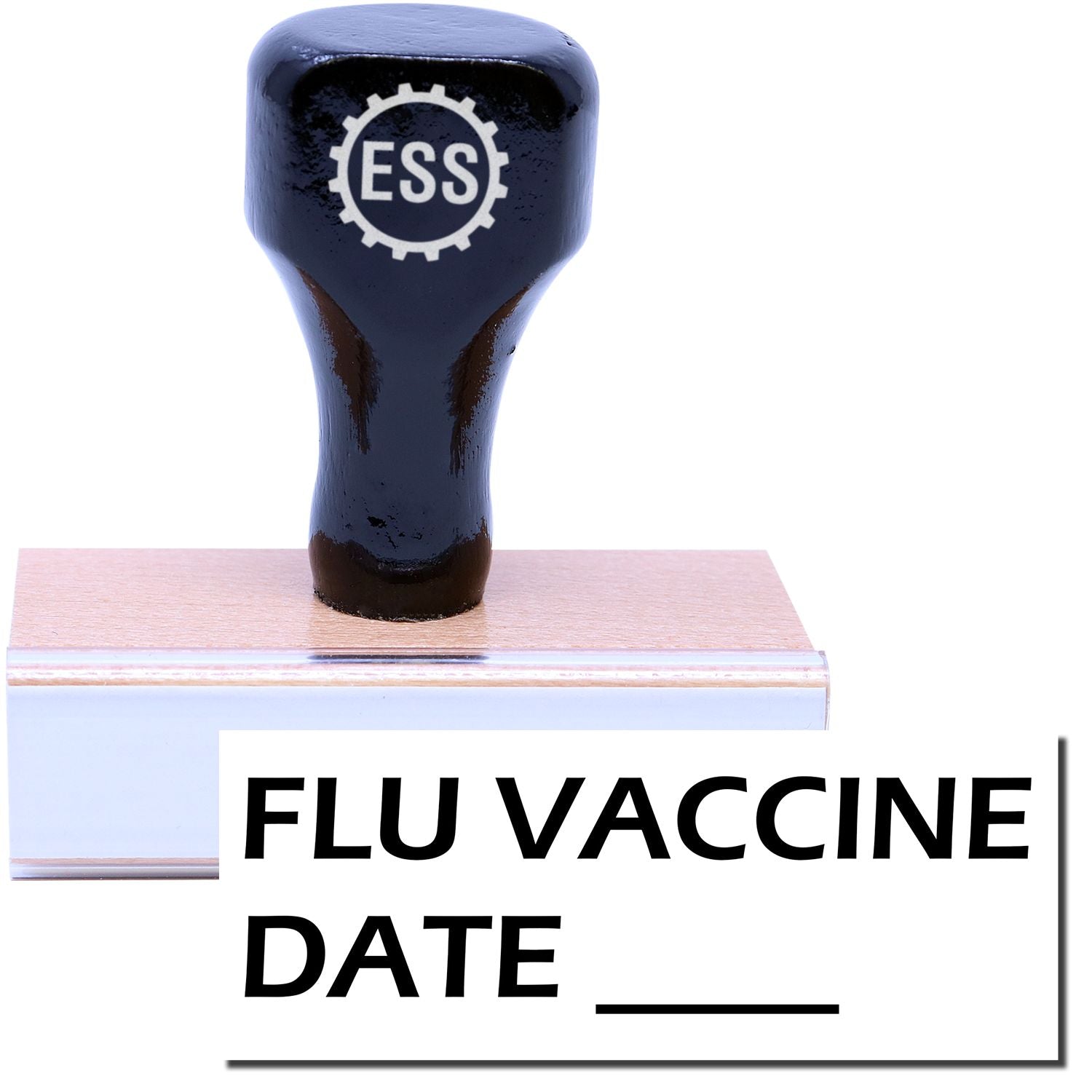 A stock office rubber stamp with a stamped image showing how the text FLU VACCINE DATE ____ in a large font is displayed after stamping.