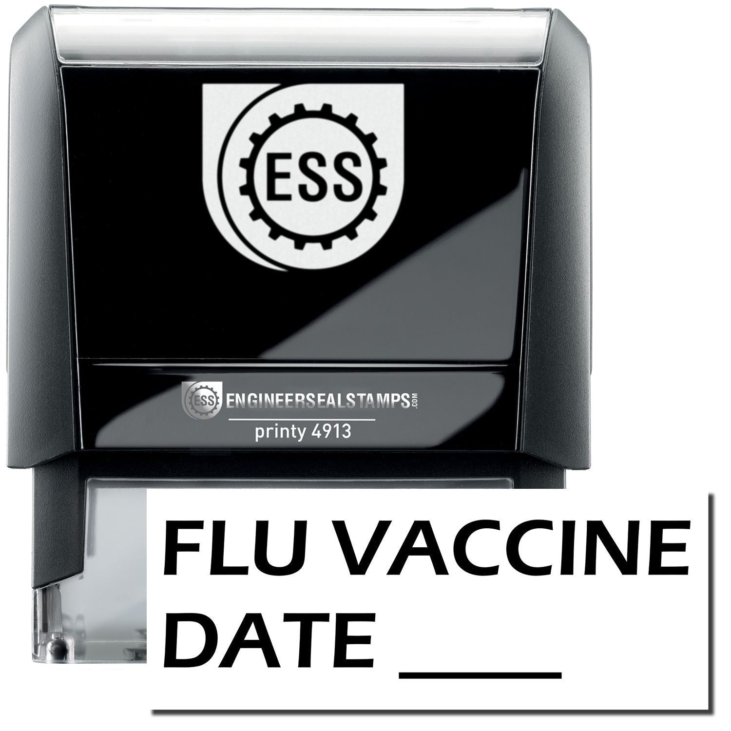 A self-inking stamp with a stamped image showing how the text FLU VACCINE DATE (in a large bold font) with a line (where the date can be written) is displayed by it.