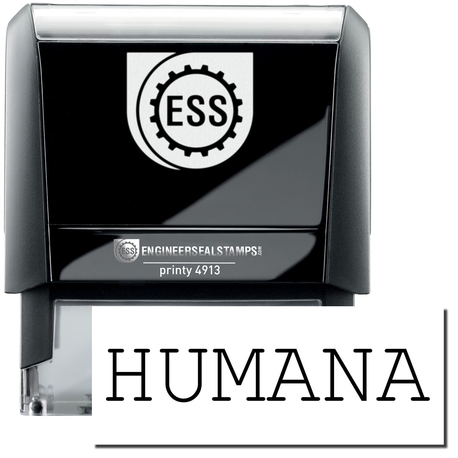 A self-inking stamp with a stamped image showing how the text HUMANA in capital letters is displayed by it.