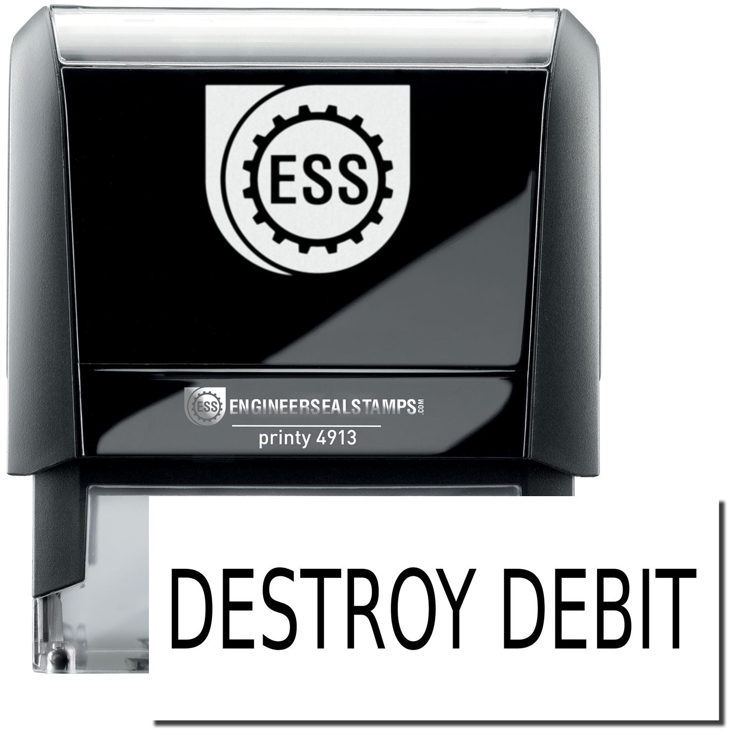 A self-inking stamp with a stamped image showing how the text DESTROY DEBIT in a large bold font is displayed by it.