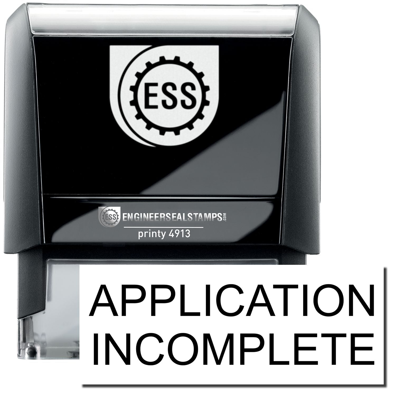 A self-inking stamp with a stamped image showing how the text APPLICATION INCOMPLETE in a large bold font is displayed by it.