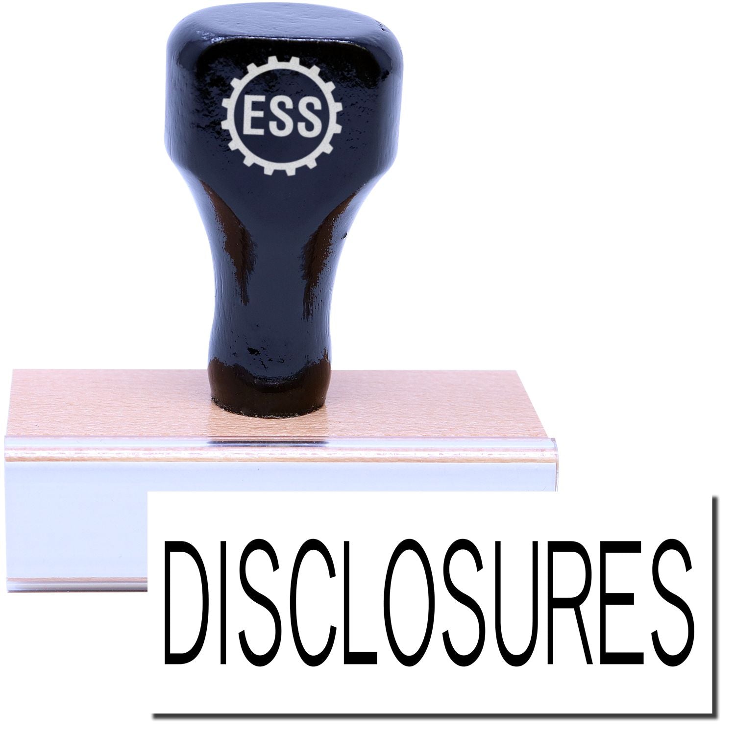 A stock office rubber stamp with a stamped image showing how the text DISCLOSURES in a large font is displayed after stamping.