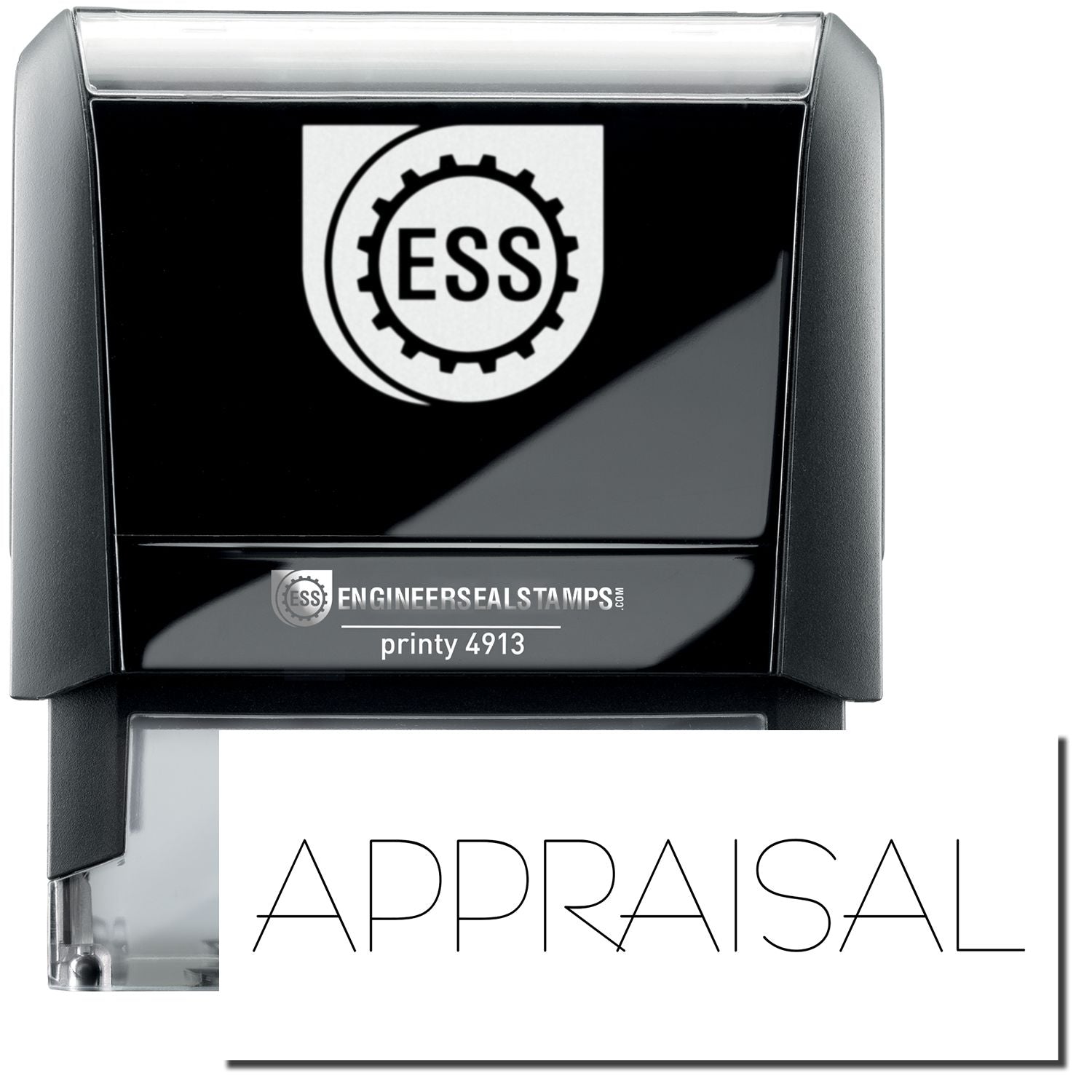 A self-inking stamp with a stamped image showing how the text APPRAISAL in a unique-looking font is displayed by it.