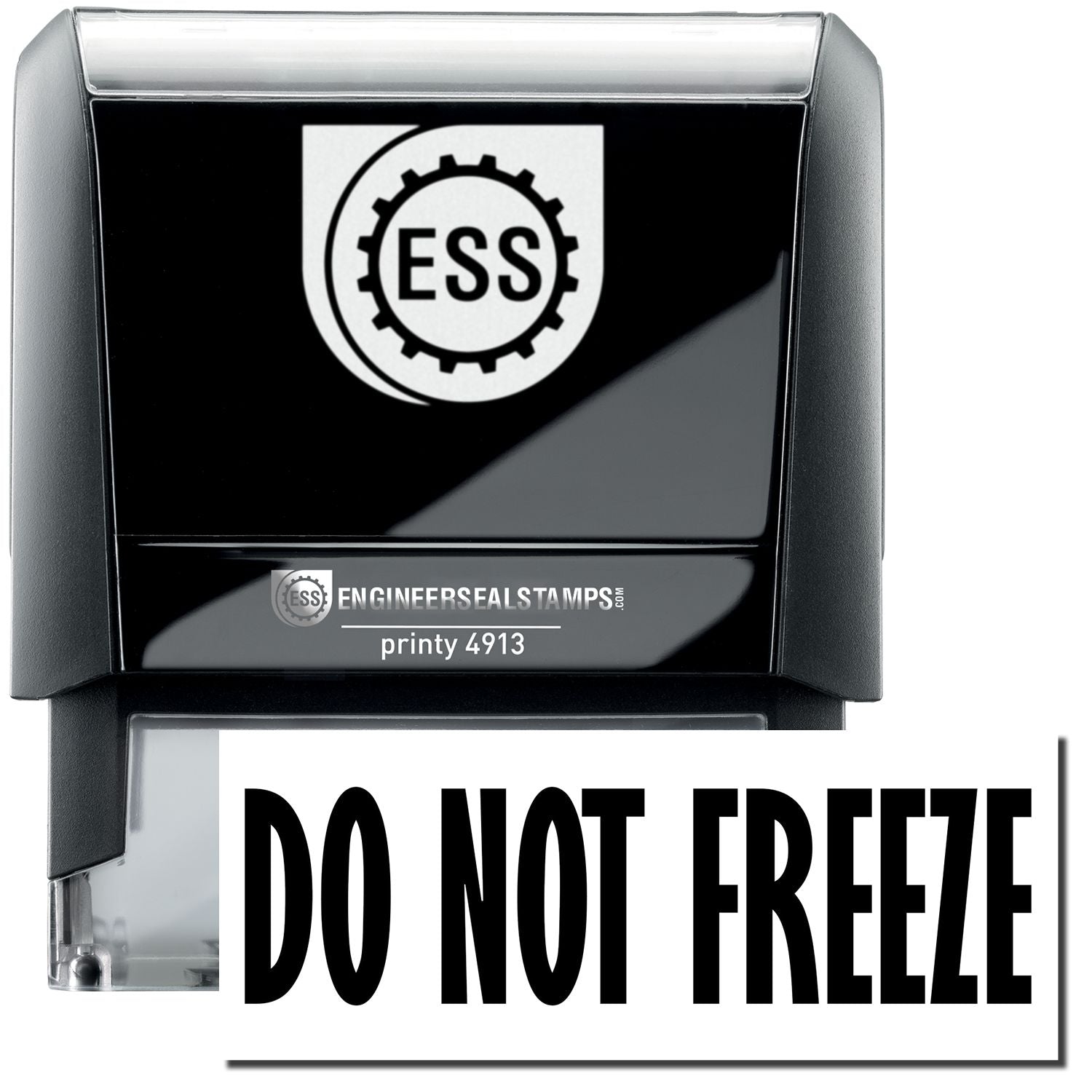 A self-inking stamp with a stamped image showing how the text DO NOT FREEZE in a large bold font is displayed by it.