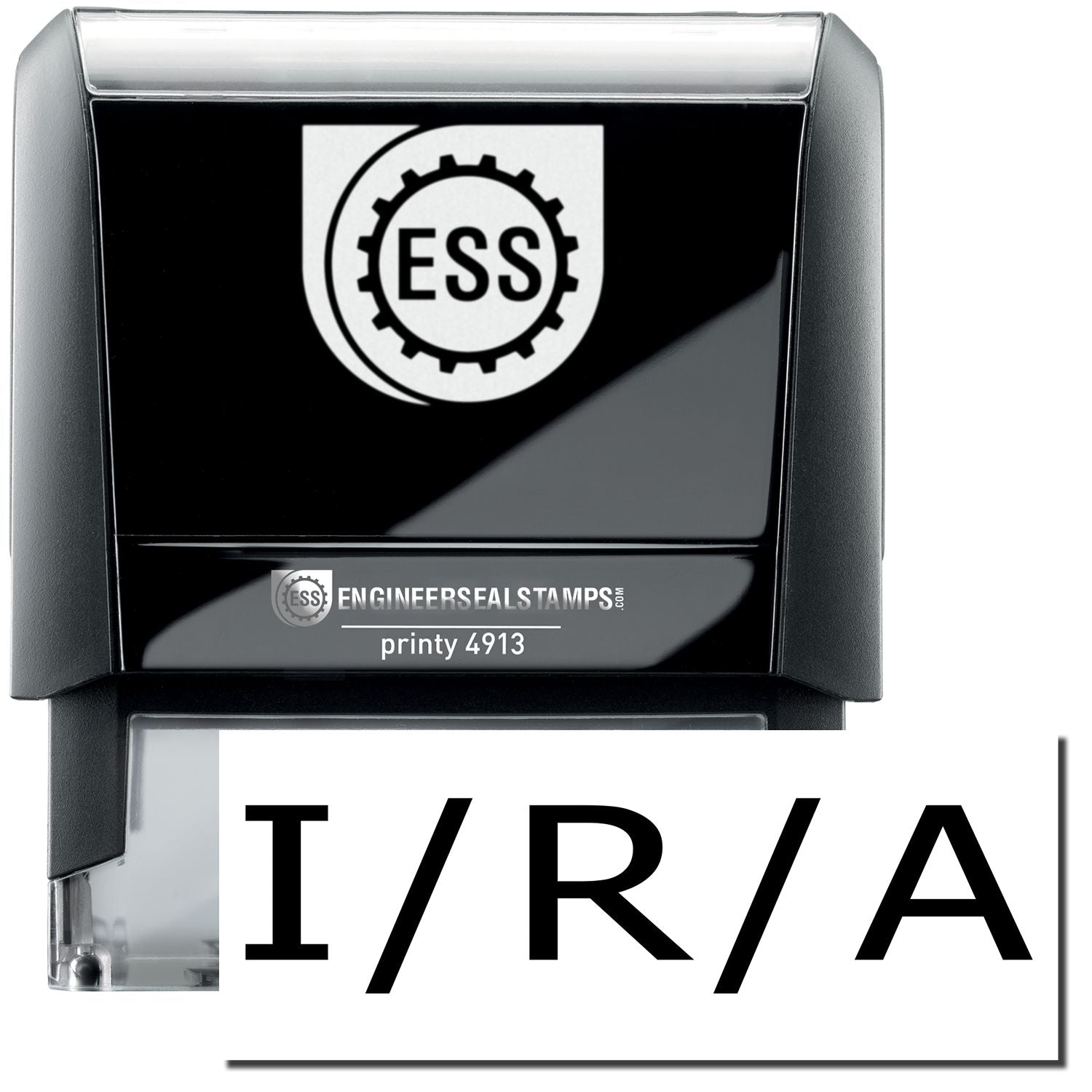 A self-inking stamp with a stamped image showing how the text I / R / A in a large bold font is displayed by it.