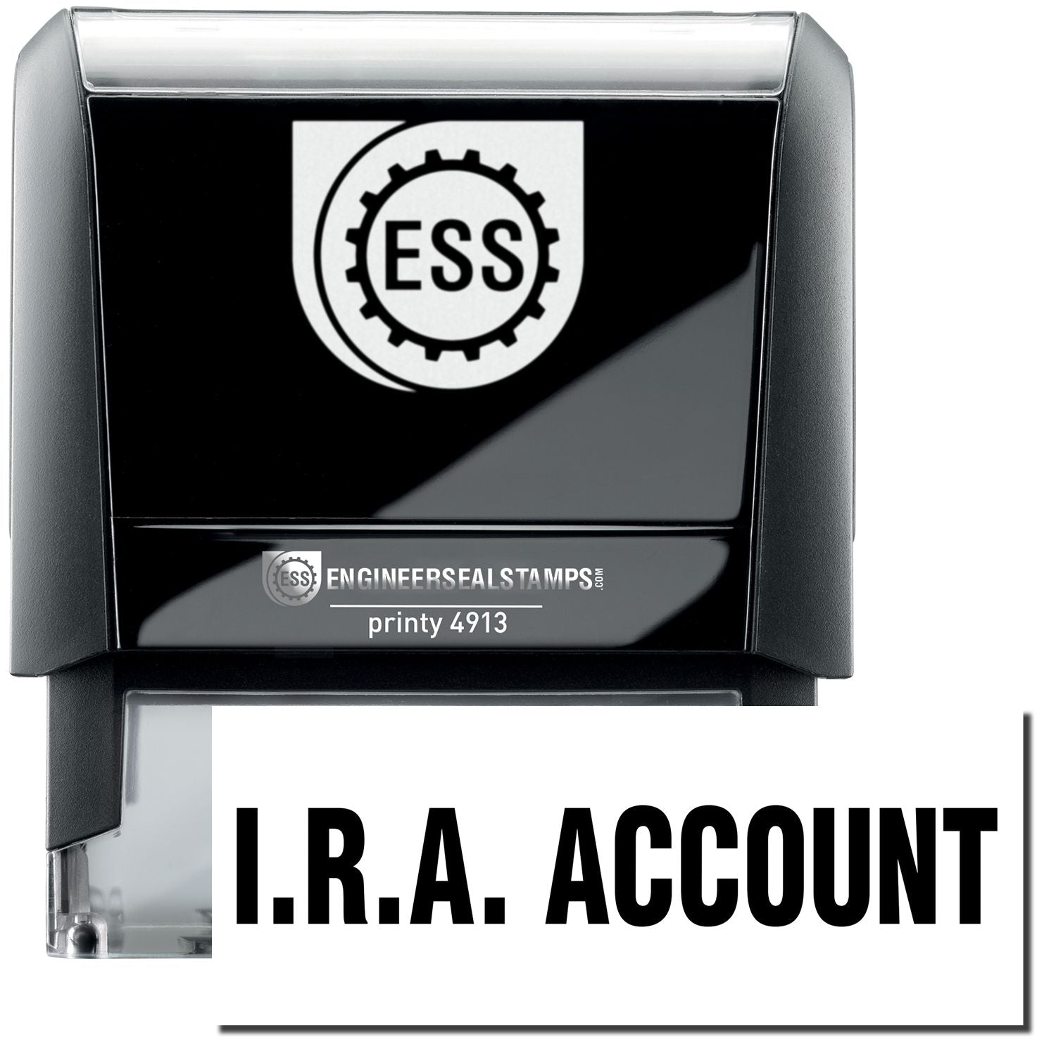 A self-inking stamp with a stamped image showing how the text I.R.A. in a large bold font is displayed by it.