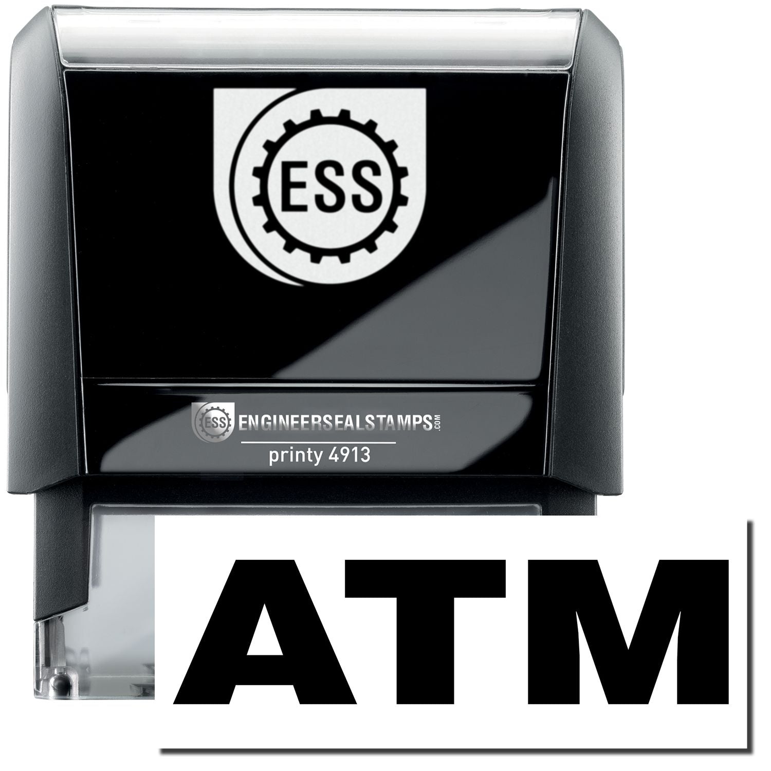 A self-inking stamp with a stamped image showing how the text ATM in a large bold font is displayed by it.