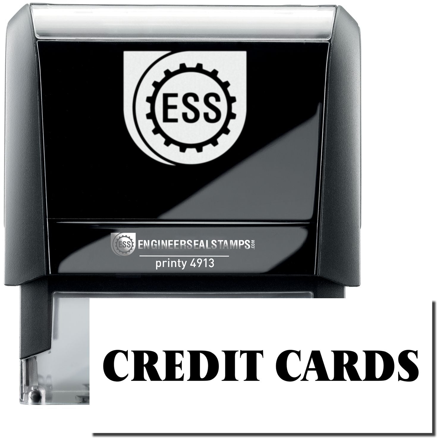 A self-inking stamp with a stamped image showing how the text CREDIT CARDS in a large bold font is displayed by it.