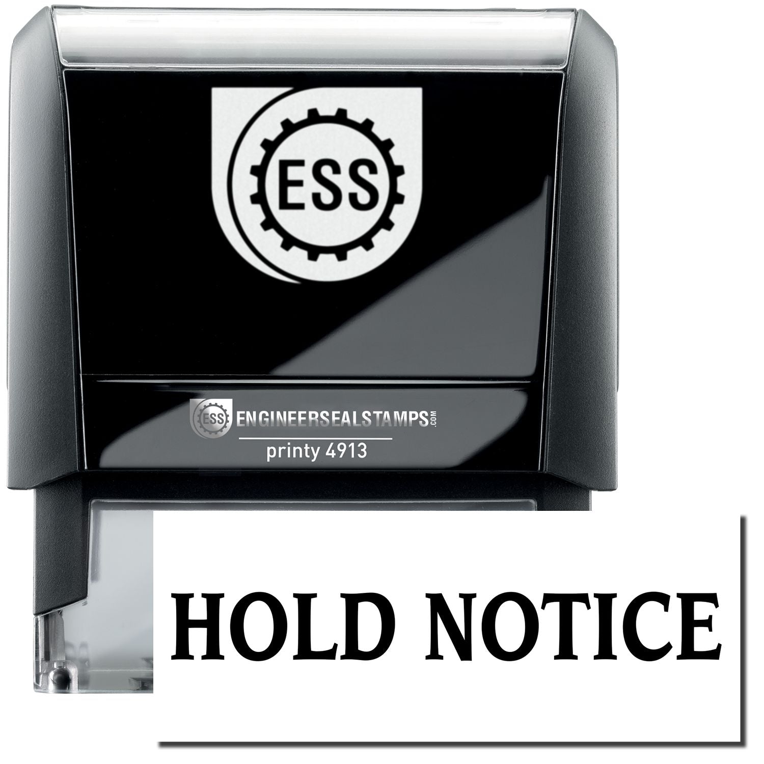 A self-inking stamp with a stamped image showing how the text HOLD NOTICE in a large bold font is displayed by it.