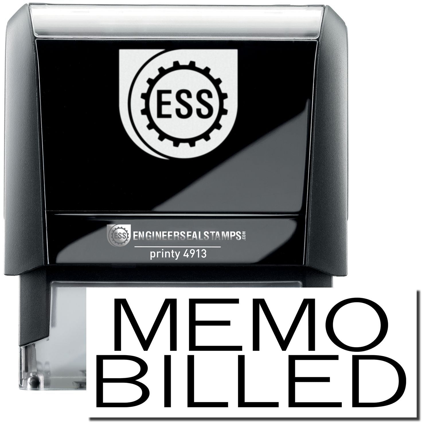 A self-inking stamp with a stamped image showing how the text MEMO BILLED in a large bold font is displayed by it.