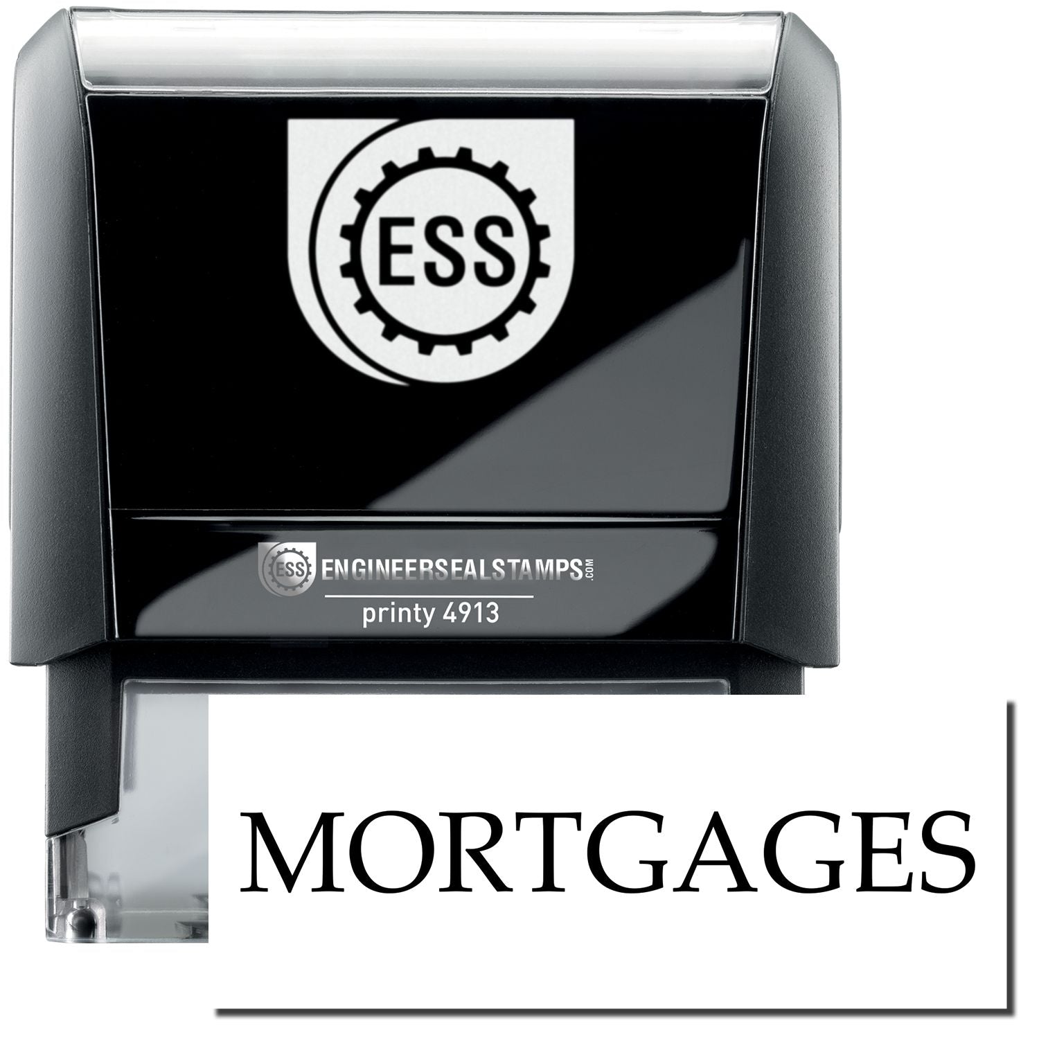 A self-inking stamp with a stamped image showing how the text MORTGAGES in a large bold font is displayed by it.