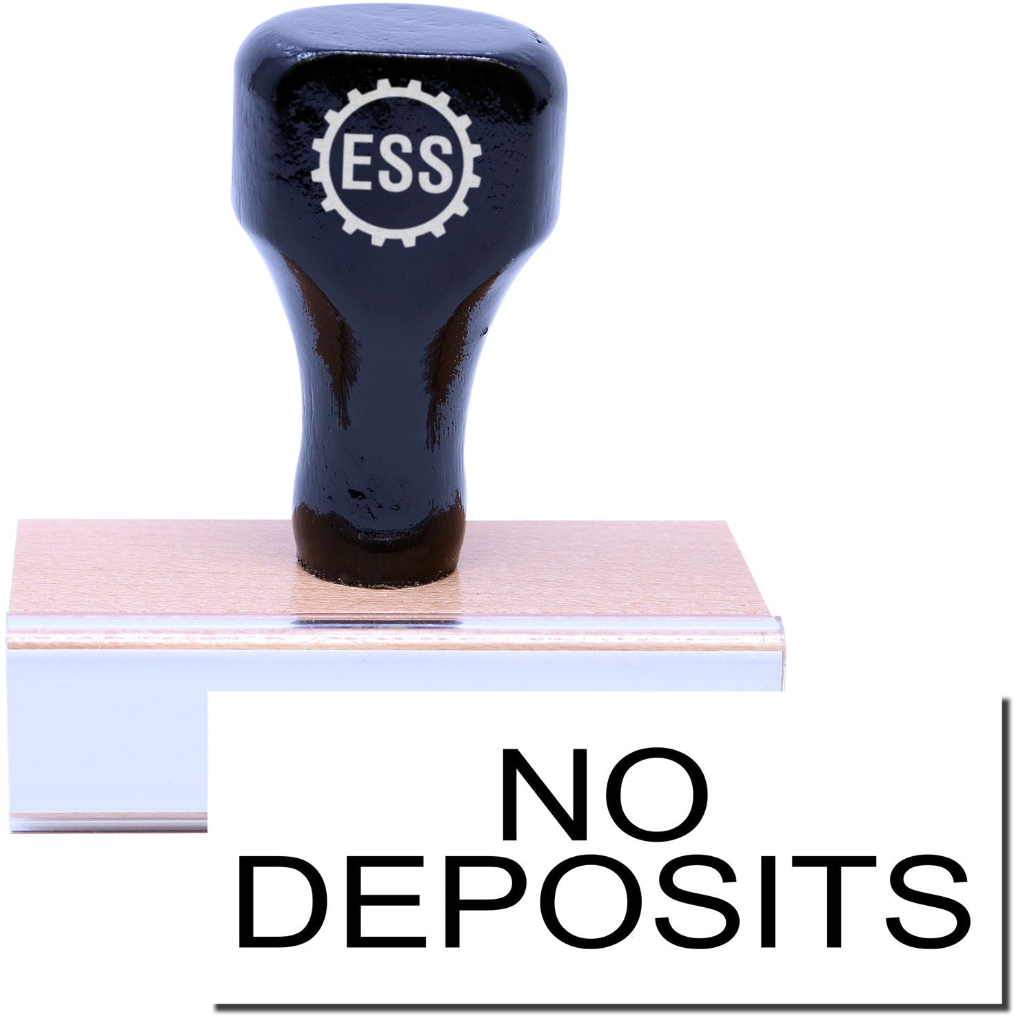 A stock office rubber stamp with a stamped image showing how the text NO DEPOSITS in a large font is displayed after stamping.