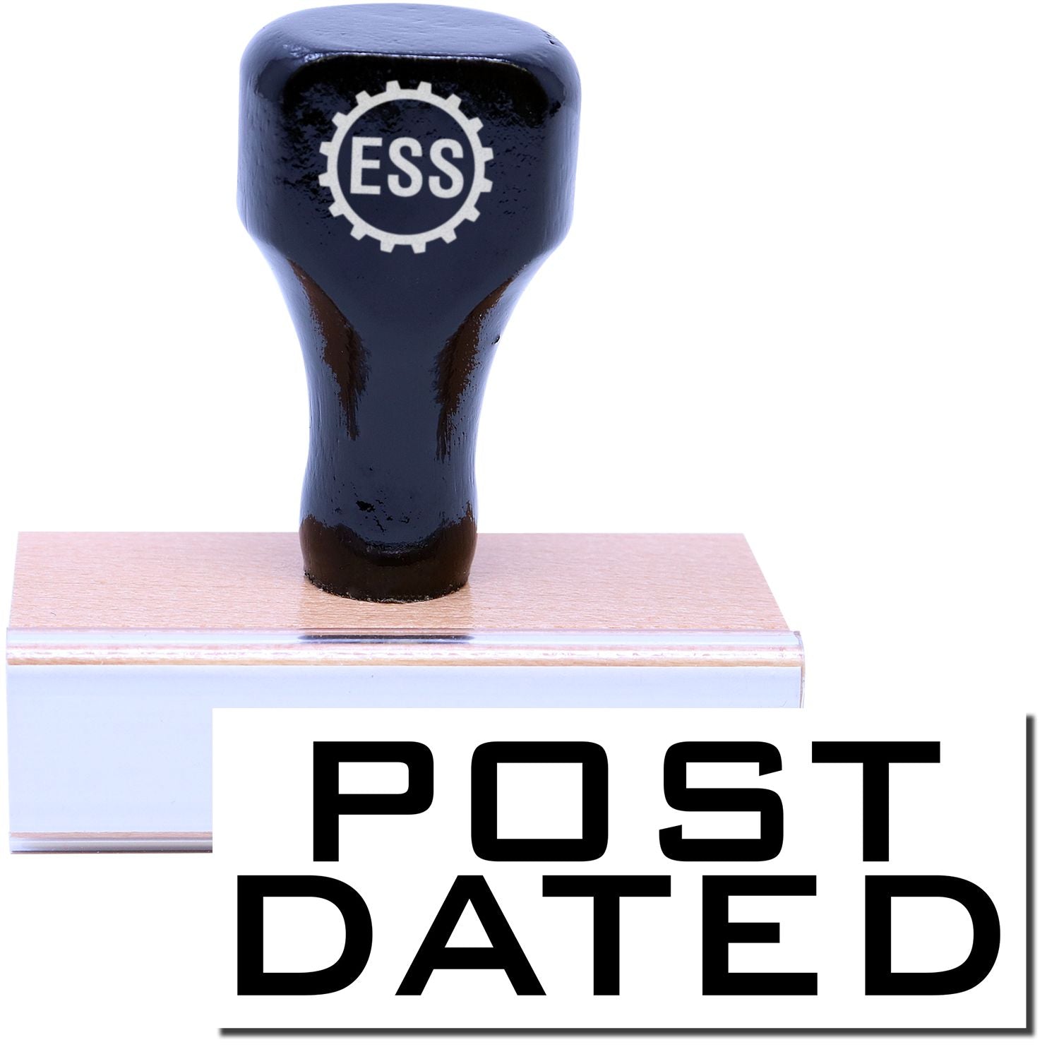 A stock office rubber stamp with a stamped image showing how the text POST DATED in a large font is displayed after stamping.