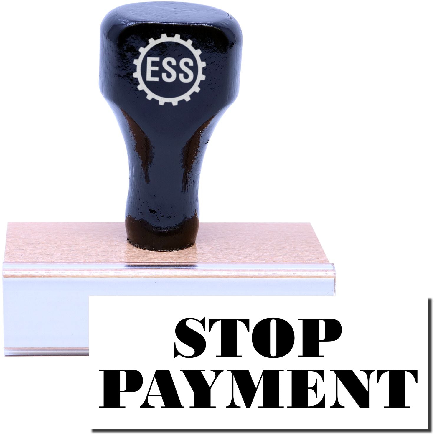 A stock office rubber stamp with a stamped image showing how the text STOP PAYMENT in a large font is displayed after stamping.