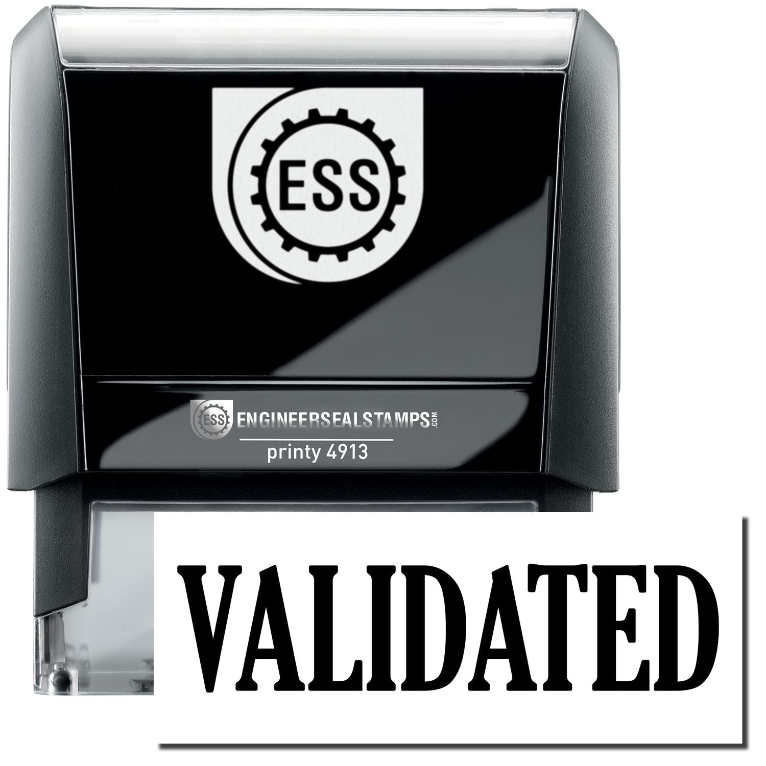 A self-inking stamp with a stamped image showing how the text VALIDATED in a large bold font is displayed by it.