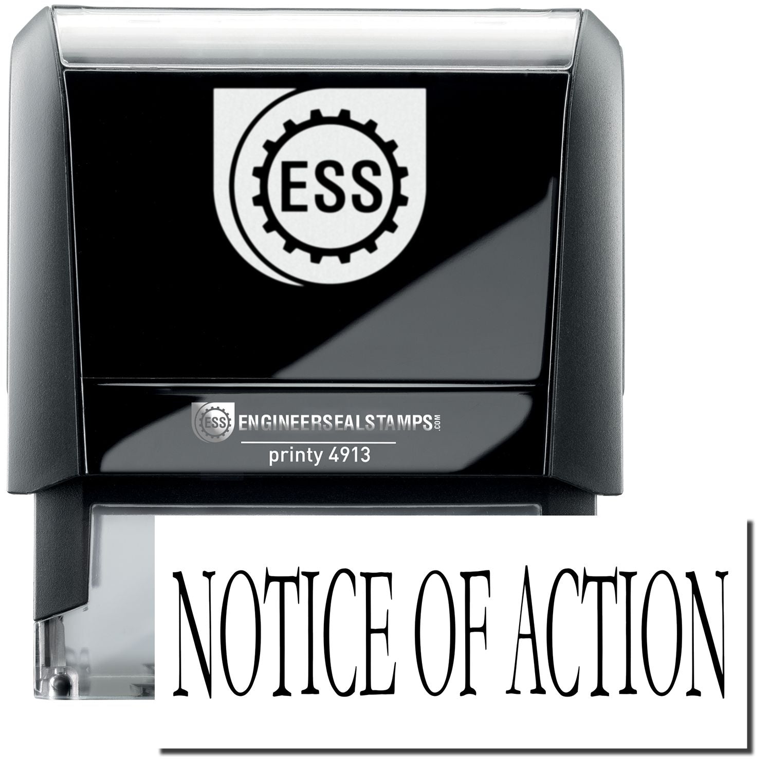 A self-inking stamp with a stamped image showing how the text NOTICE OF ACTION in a large font is displayed by it.