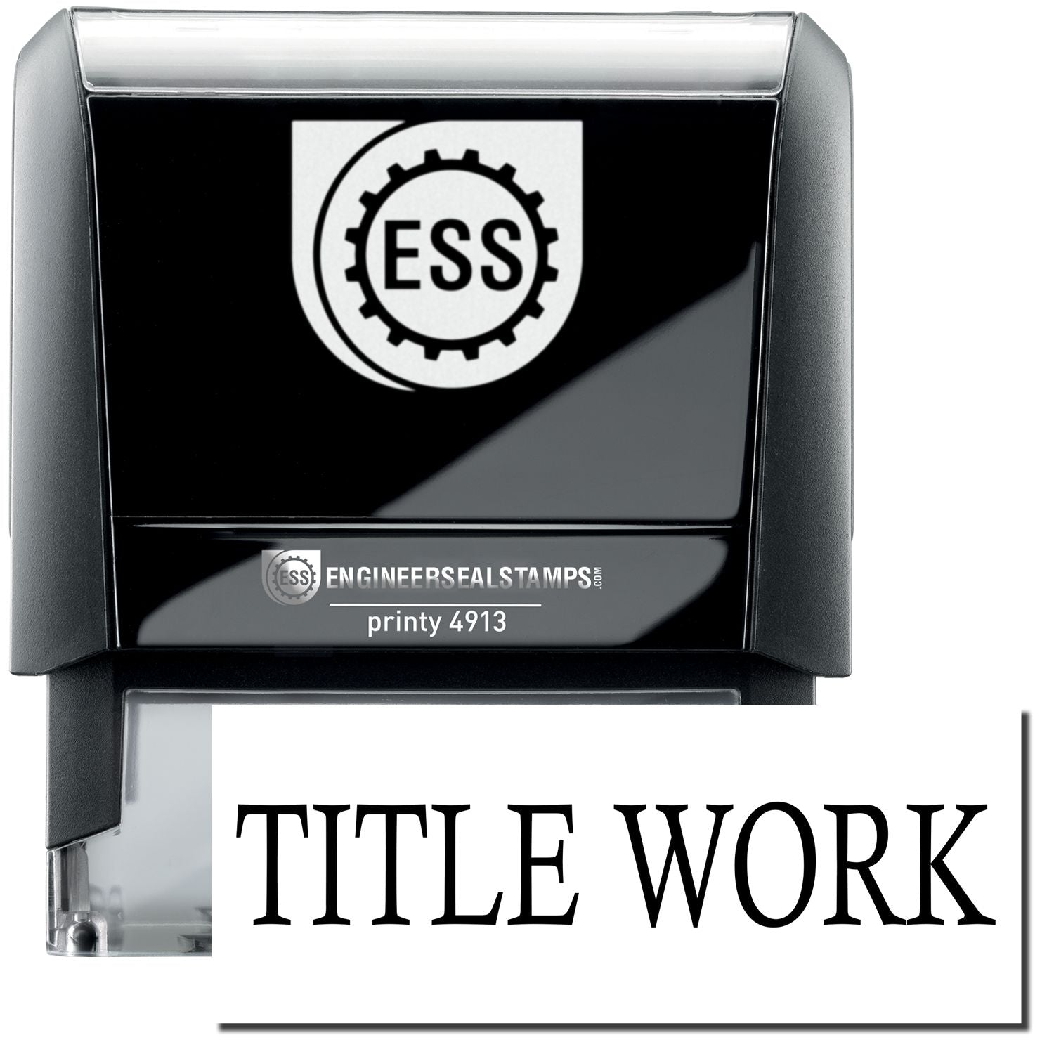 A self-inking stamp with a stamped image showing how the text TITLE WORK in a large bold font is displayed by it.