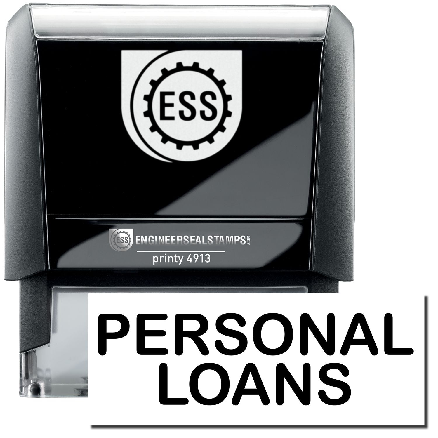 A self-inking stamp with a stamped image showing how the text PERSONAL LOANS in a large bold font is displayed by it.