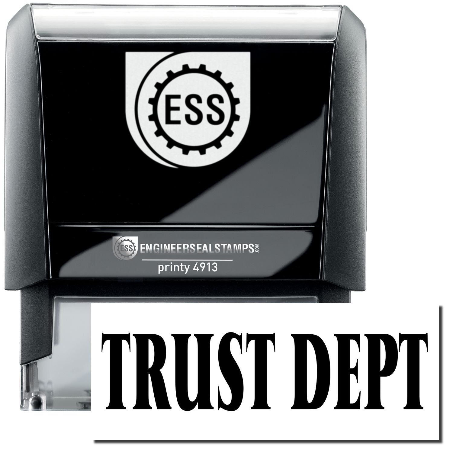 A self-inking stamp with a stamped image showing how the text TRUST DEPT in a large bold font is displayed by it.