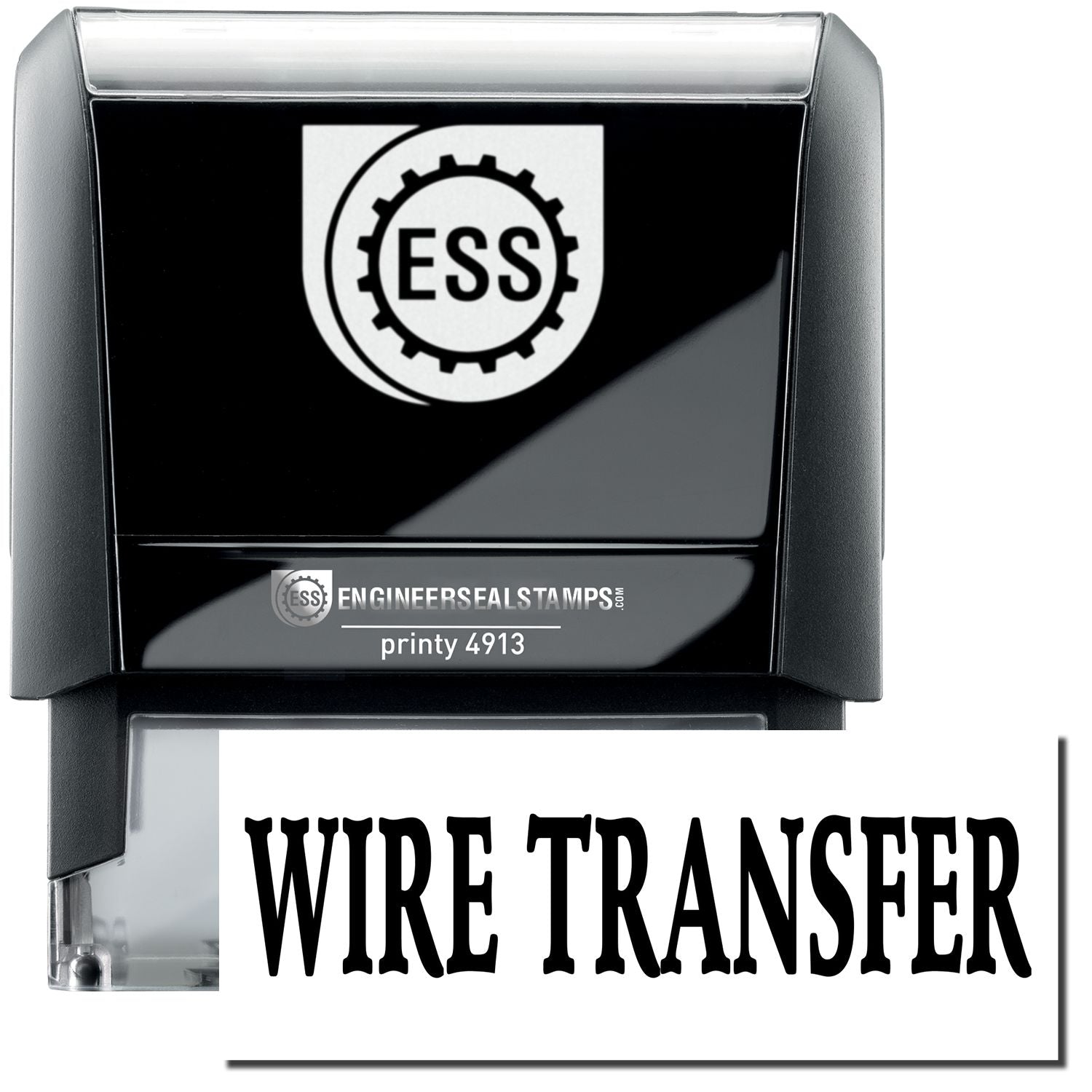 A self-inking stamp with a stamped image showing how the text WIRE TRANSFER in a large bold font is displayed by it.