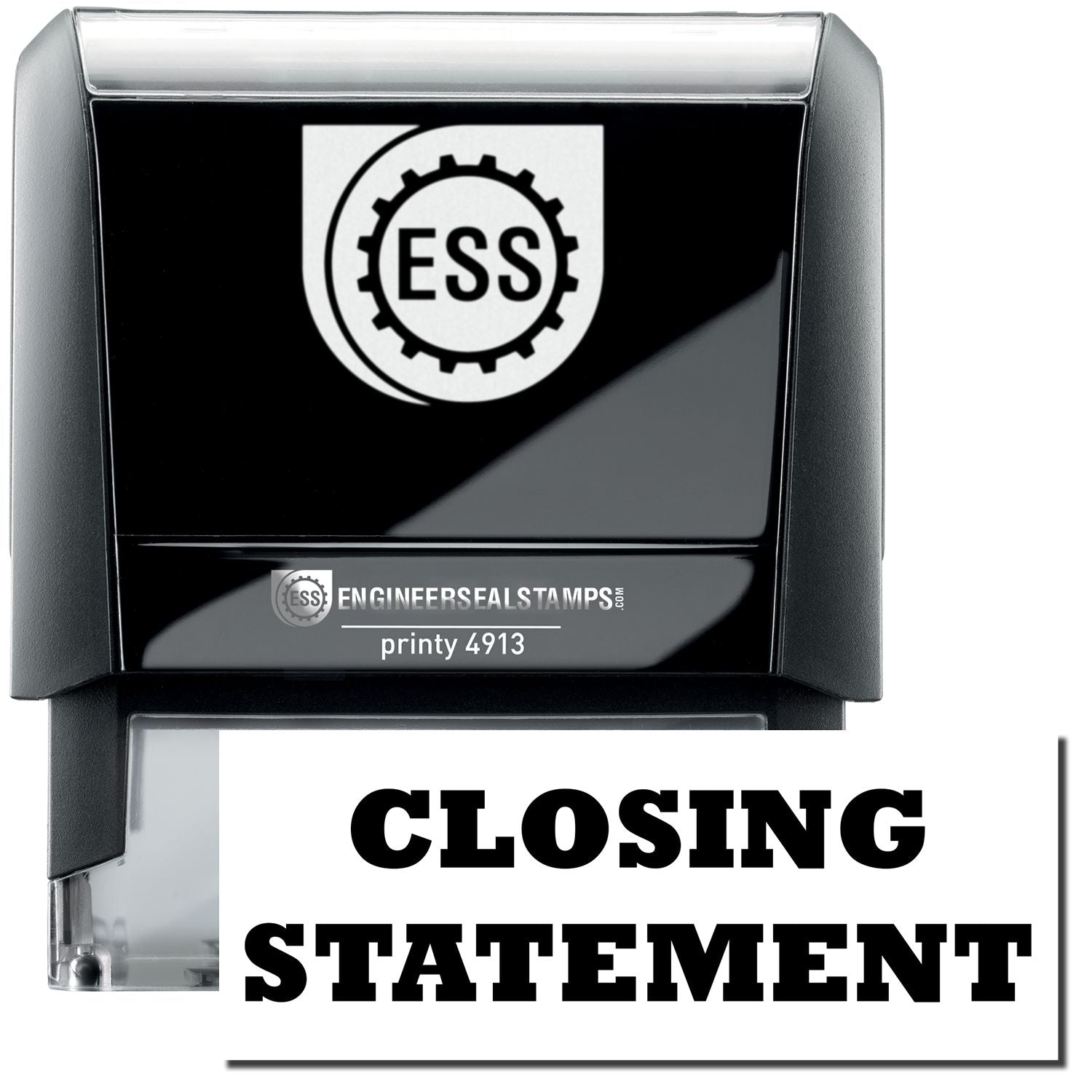 A self-inking stamp with a stamped image showing how the text CLOSING STATEMENT in a large bold font is displayed by it.