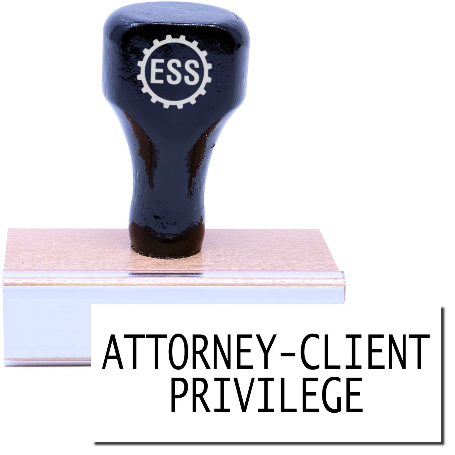 A stock office rubber stamp with a stamped image showing how the text ATTORNEY-CLIENT PRIVILEGE in a large font is displayed after stamping.