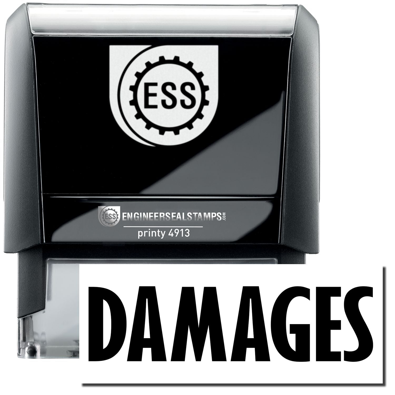 A self-inking stamp with a stamped image showing how the text DAMAGES in a large bold font is displayed by it.