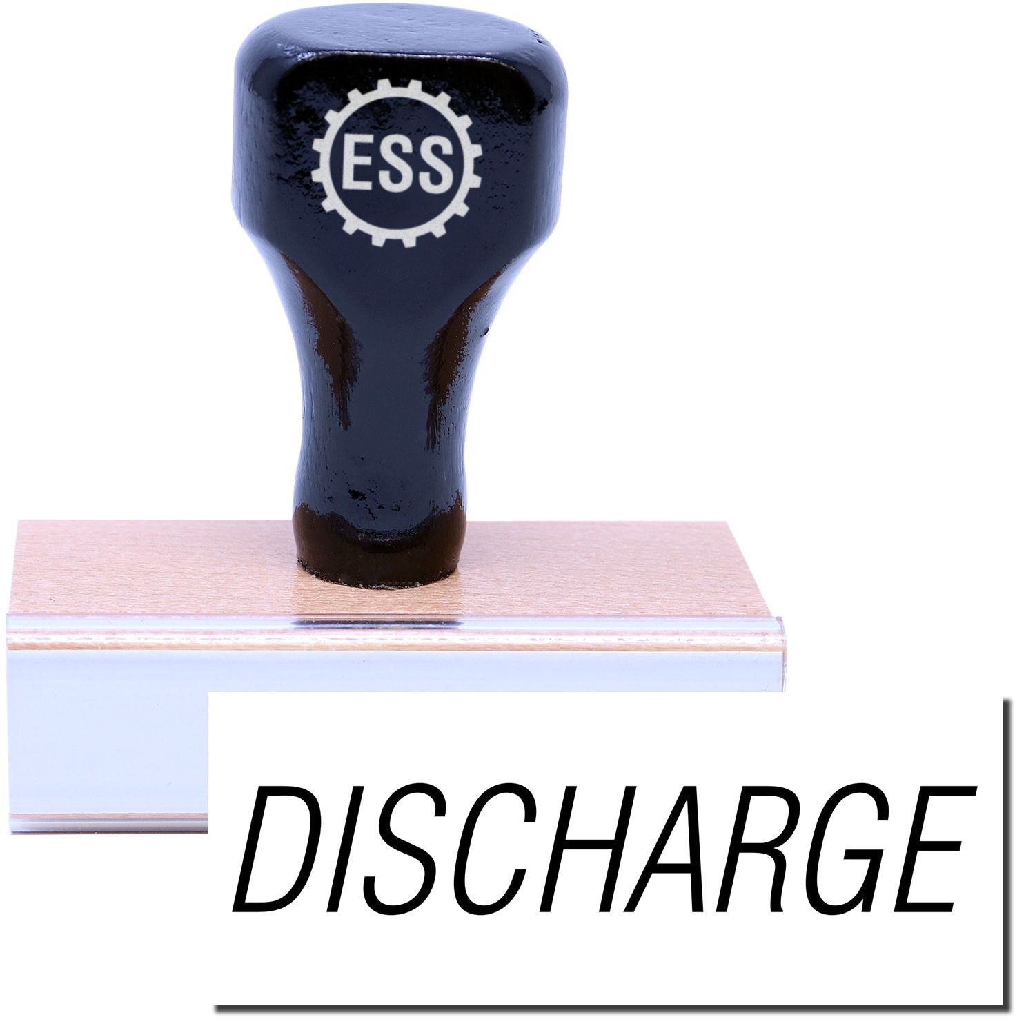 A stock office rubber stamp with a stamped image showing how the text DISCHARGE in a large font is displayed after stamping.