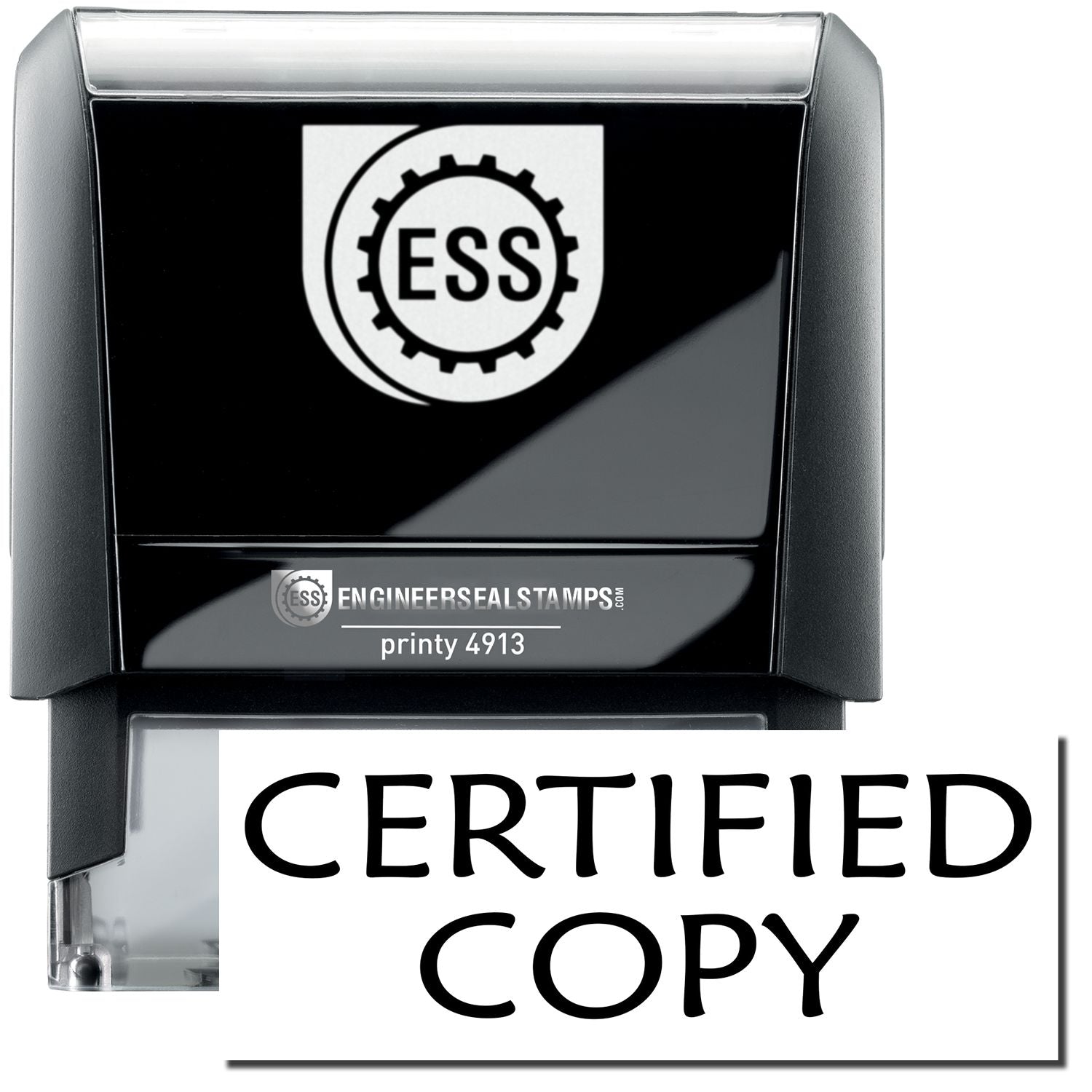 A self-inking stamp with a stamped image showing how the text CERTIFIED COPY in a large bold font is displayed by it.