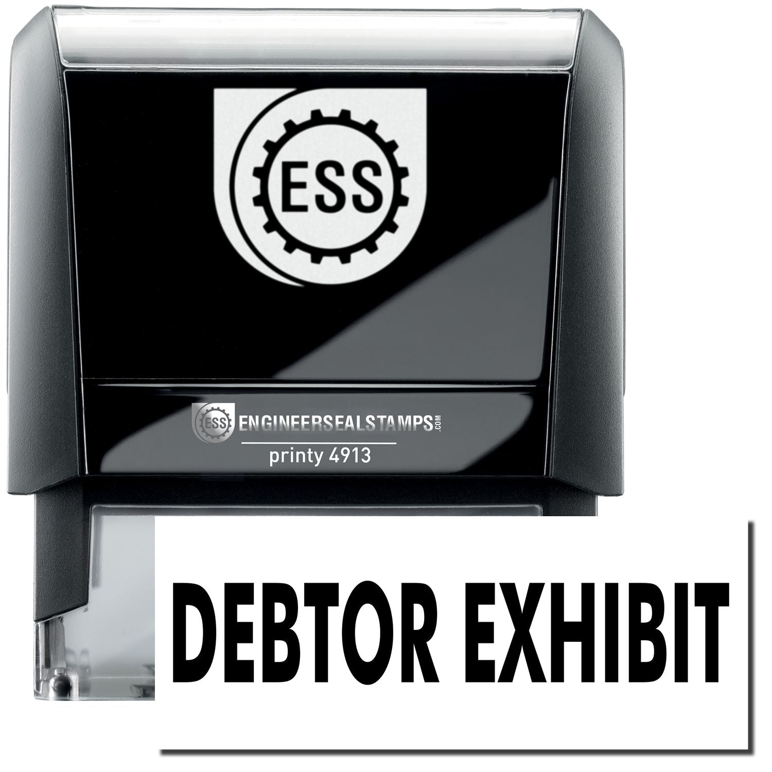 A self-inking stamp with a stamped image showing how the text DEBTOR EXHIBIT in a large bold font is displayed by it.