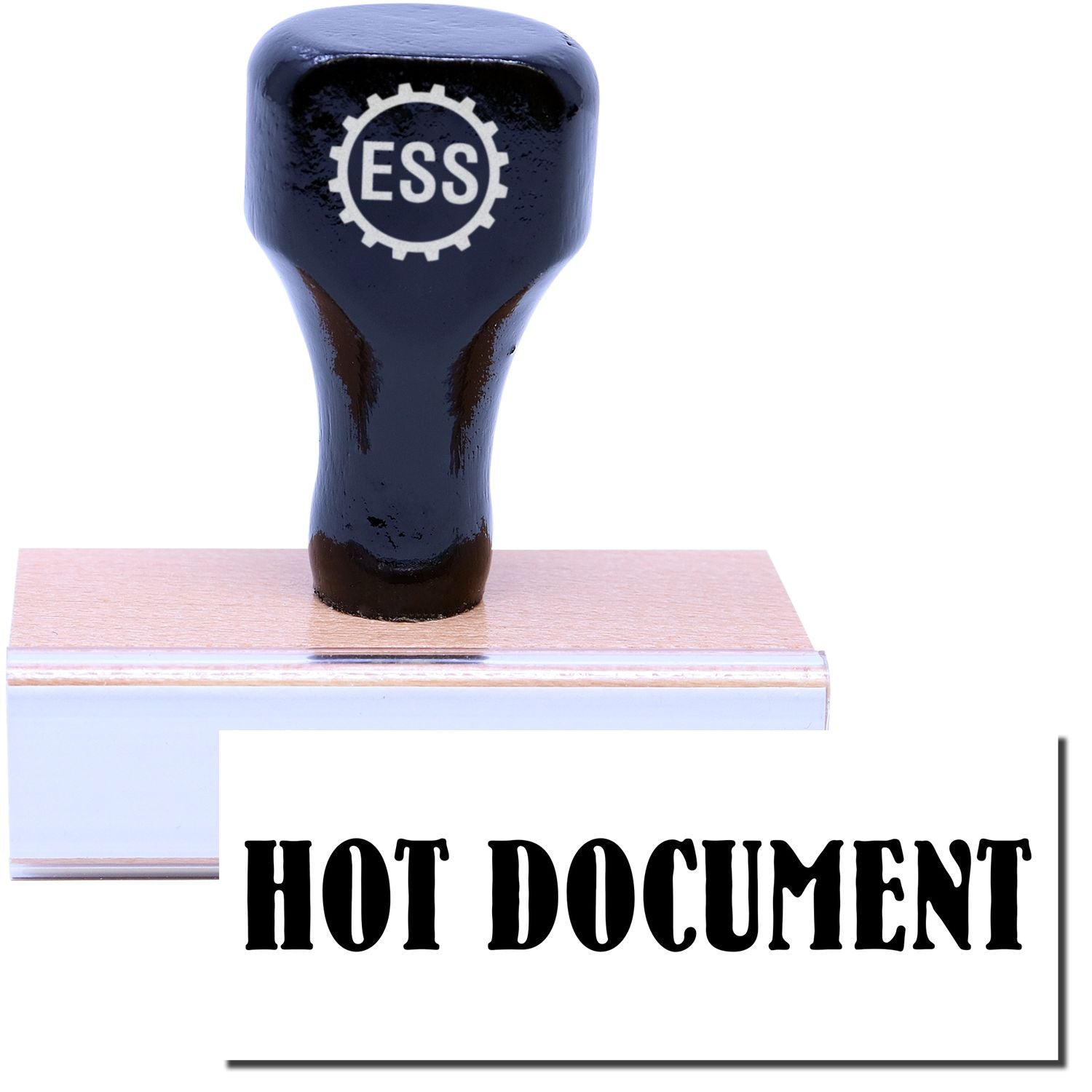 A stock office rubber stamp with a stamped image showing how the text HOT DOCUMENT in a large font is displayed after stamping.