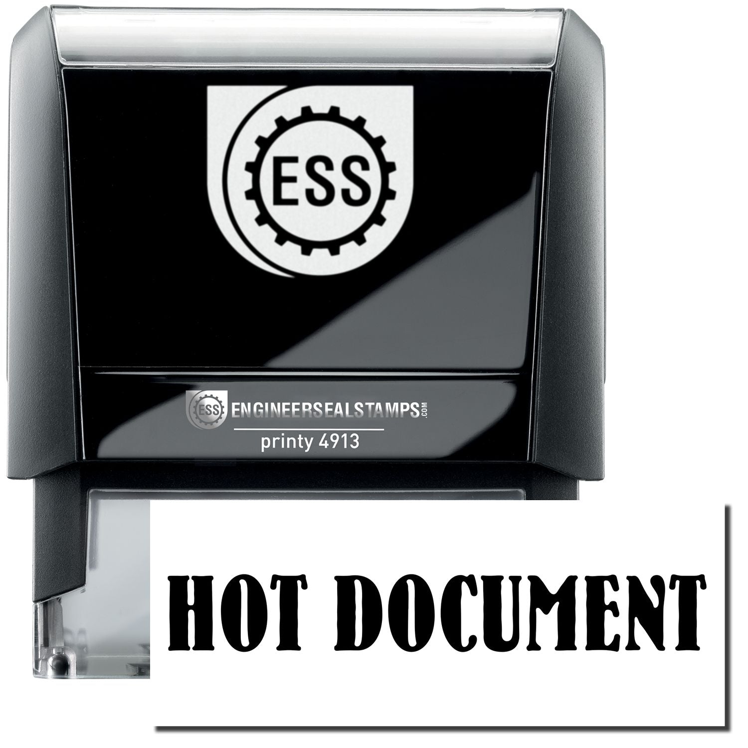 A self-inking stamp with a stamped image showing how the text HOT DOCUMENT in a large bold font is displayed by it.