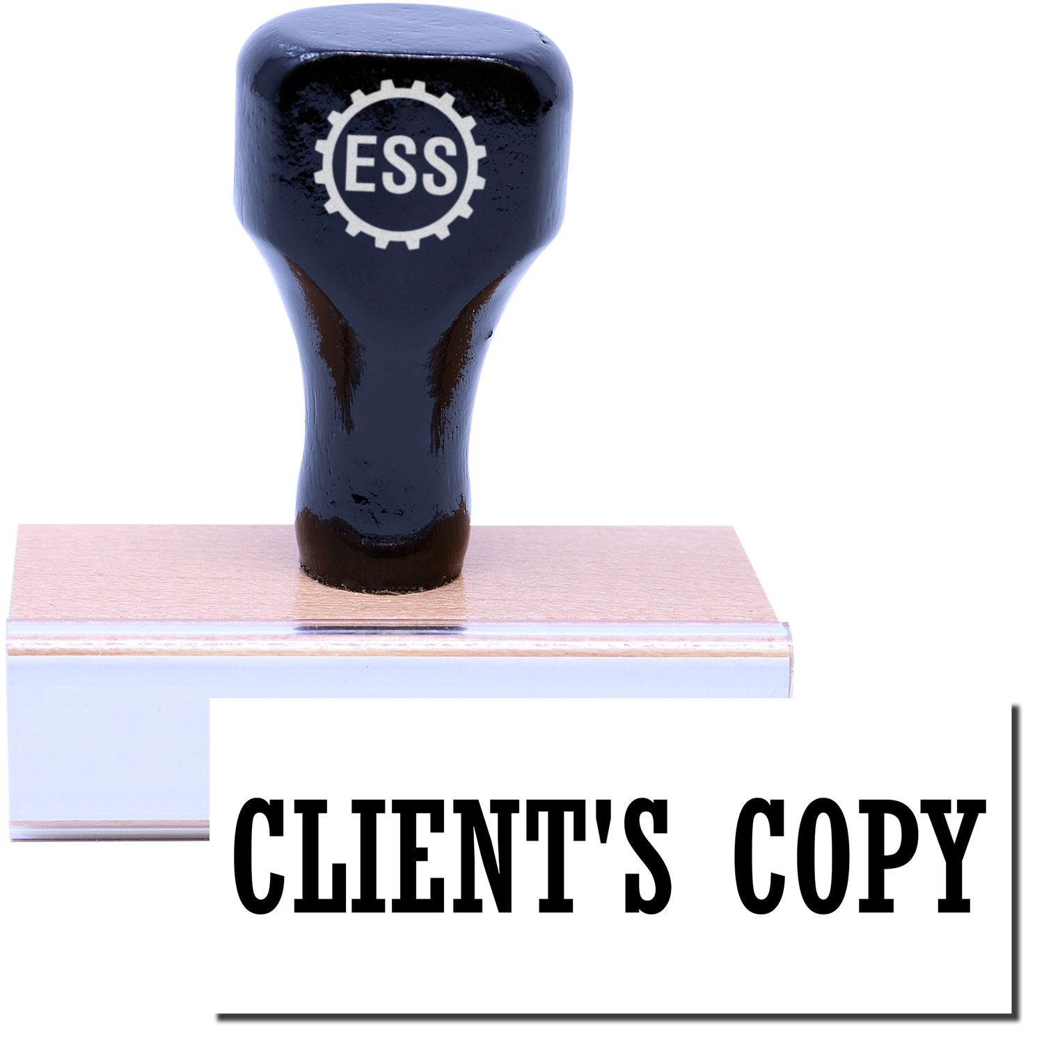 A stock office rubber stamp with a stamped image showing how the text CLIENT'S COPY in a large font is displayed after stamping.