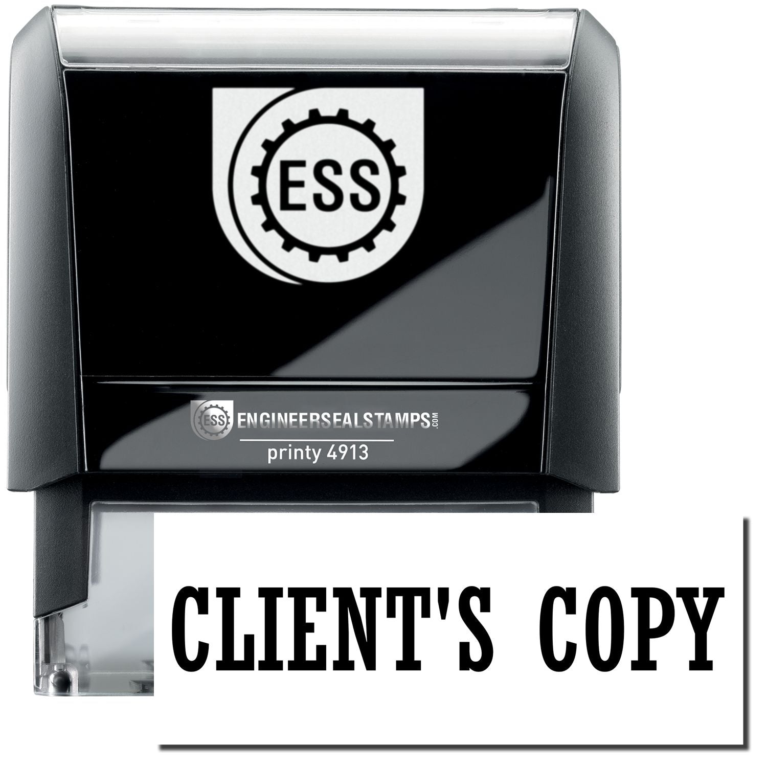 A self-inking stamp with a stamped image showing how the text CLIENT'S COPY in a large bold font is displayed by it.