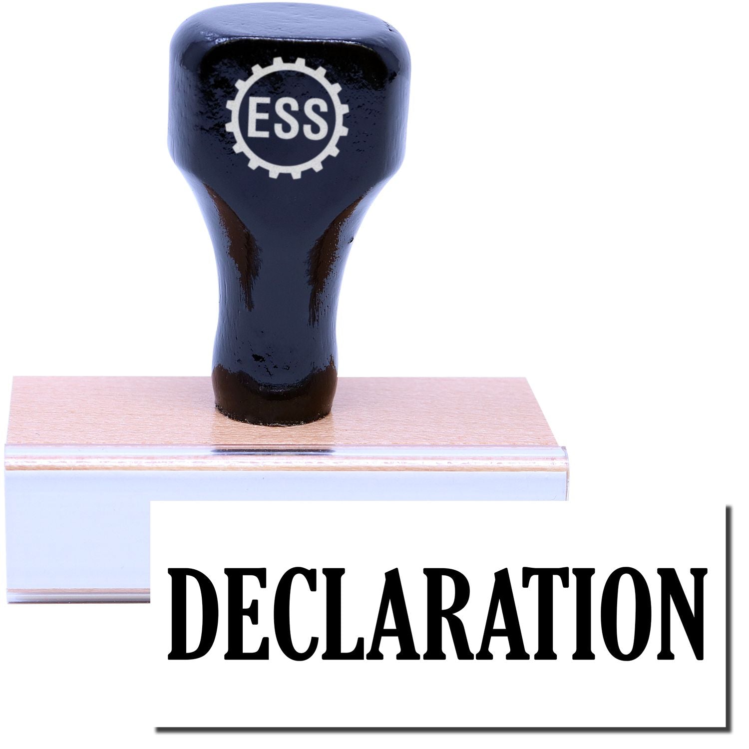 A stock office rubber stamp with a stamped image showing how the text DECLARATION in a large font is displayed after stamping.