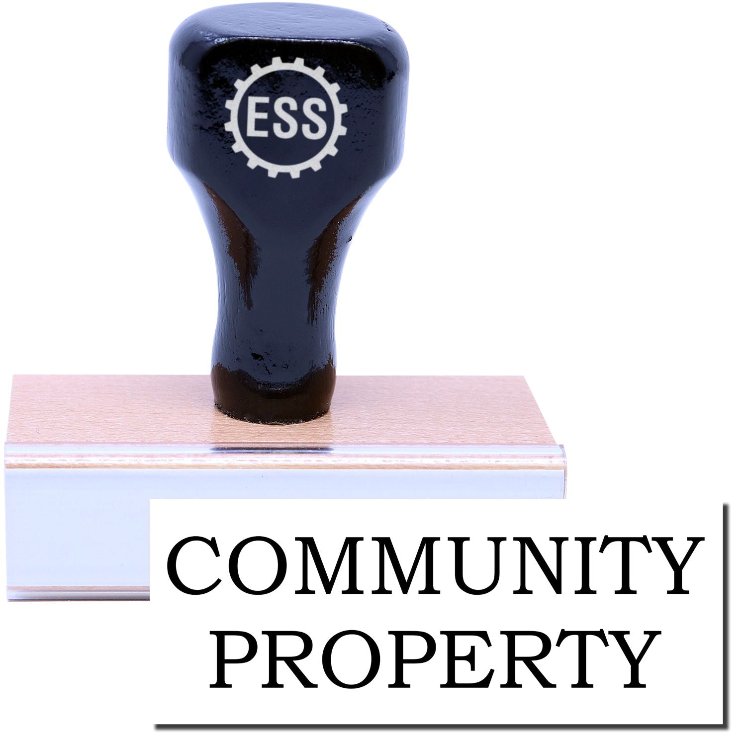 A stock office rubber stamp with a stamped image showing how the text COMMUNITY PROPERTY in a large font is displayed after stamping.