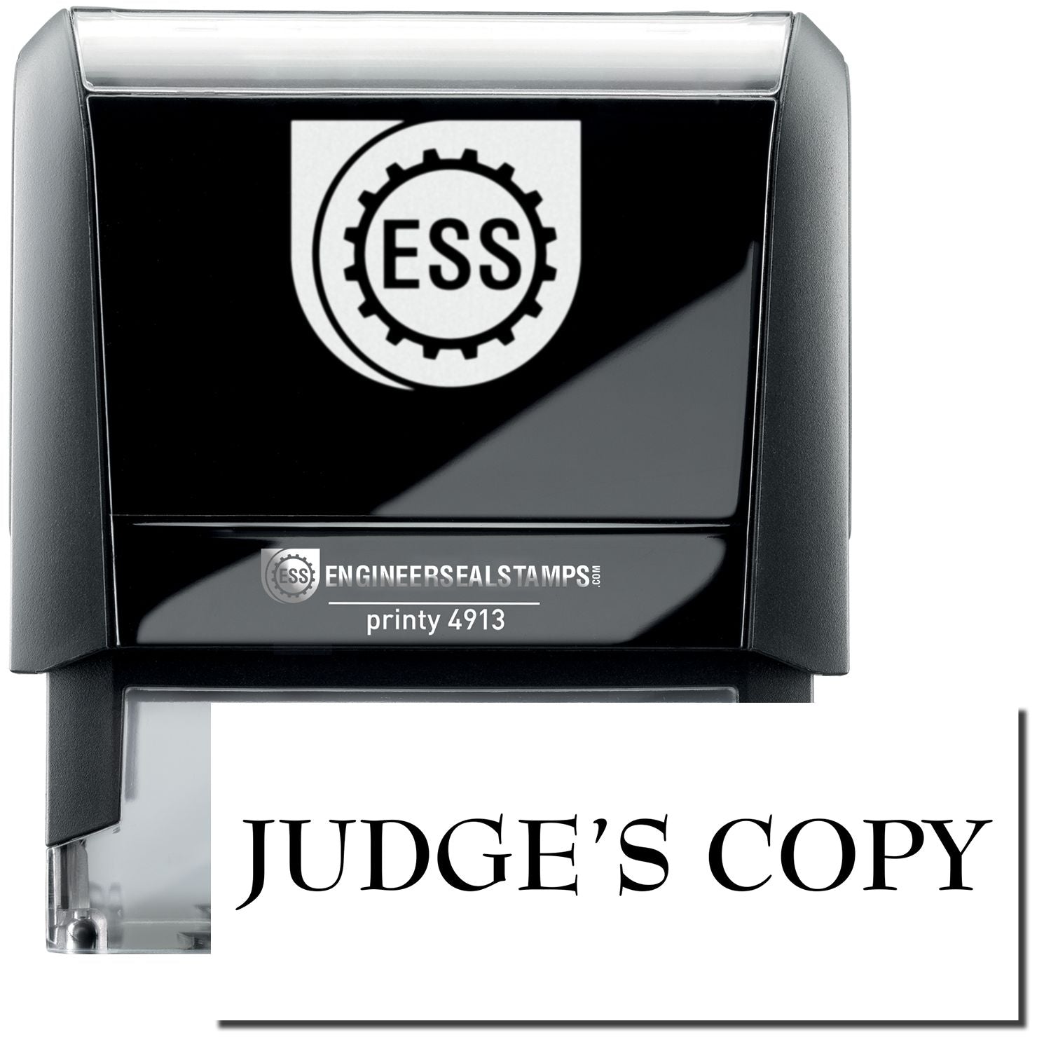 A self-inking stamp with a stamped image showing how the text JUDGE'S COPY in a large bold font is displayed by it.