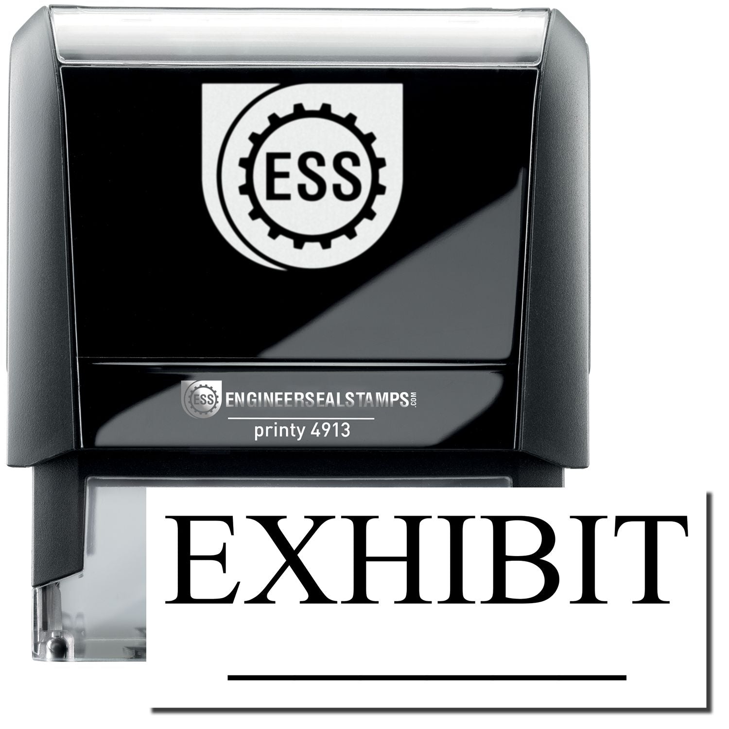 A self-inking stamp with a stamped image showing how the text EXHIBIT in a large bold font with a line is displayed by it.