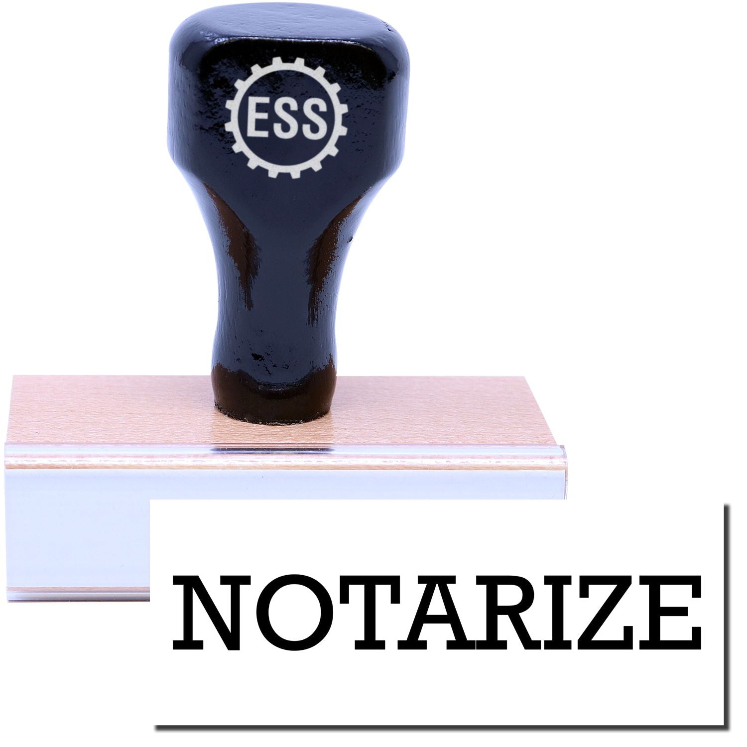 A stock office rubber stamp with a stamped image showing how the text NOTARIZE in a large font is displayed after stamping.