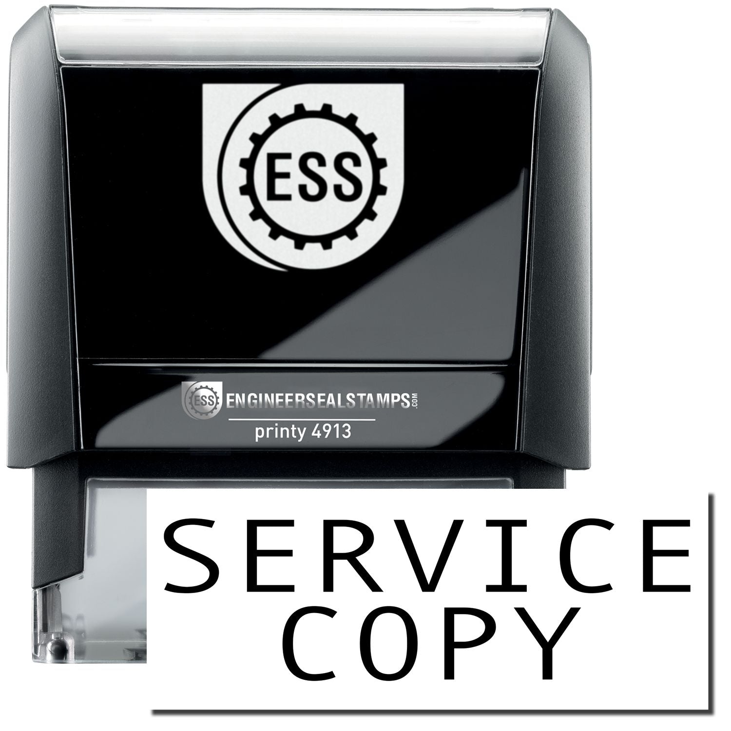 A self-inking stamp with a stamped image showing how the text SERVICE COPY in a large bold font is displayed by it.