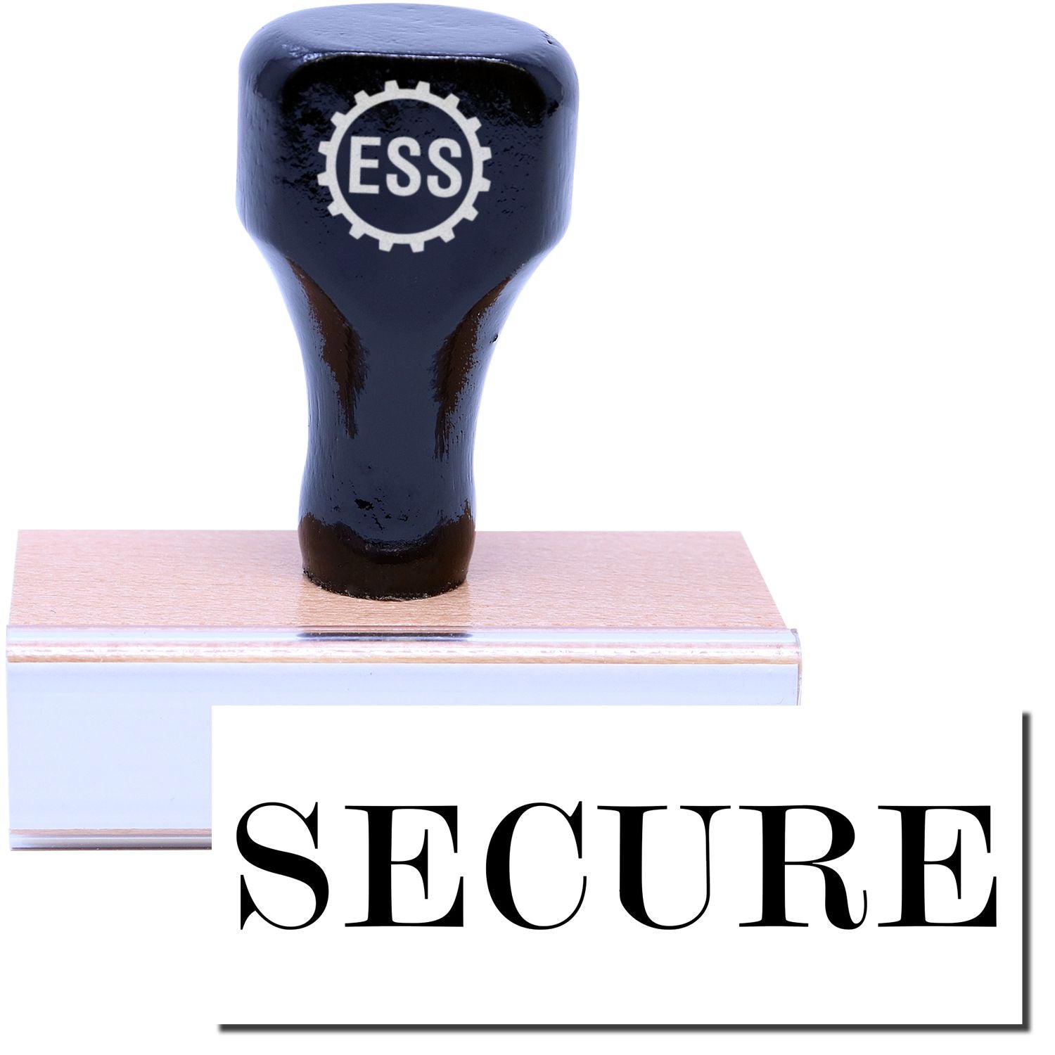 A stock office rubber stamp with a stamped image showing how the text SECURE in a large font is displayed after stamping.